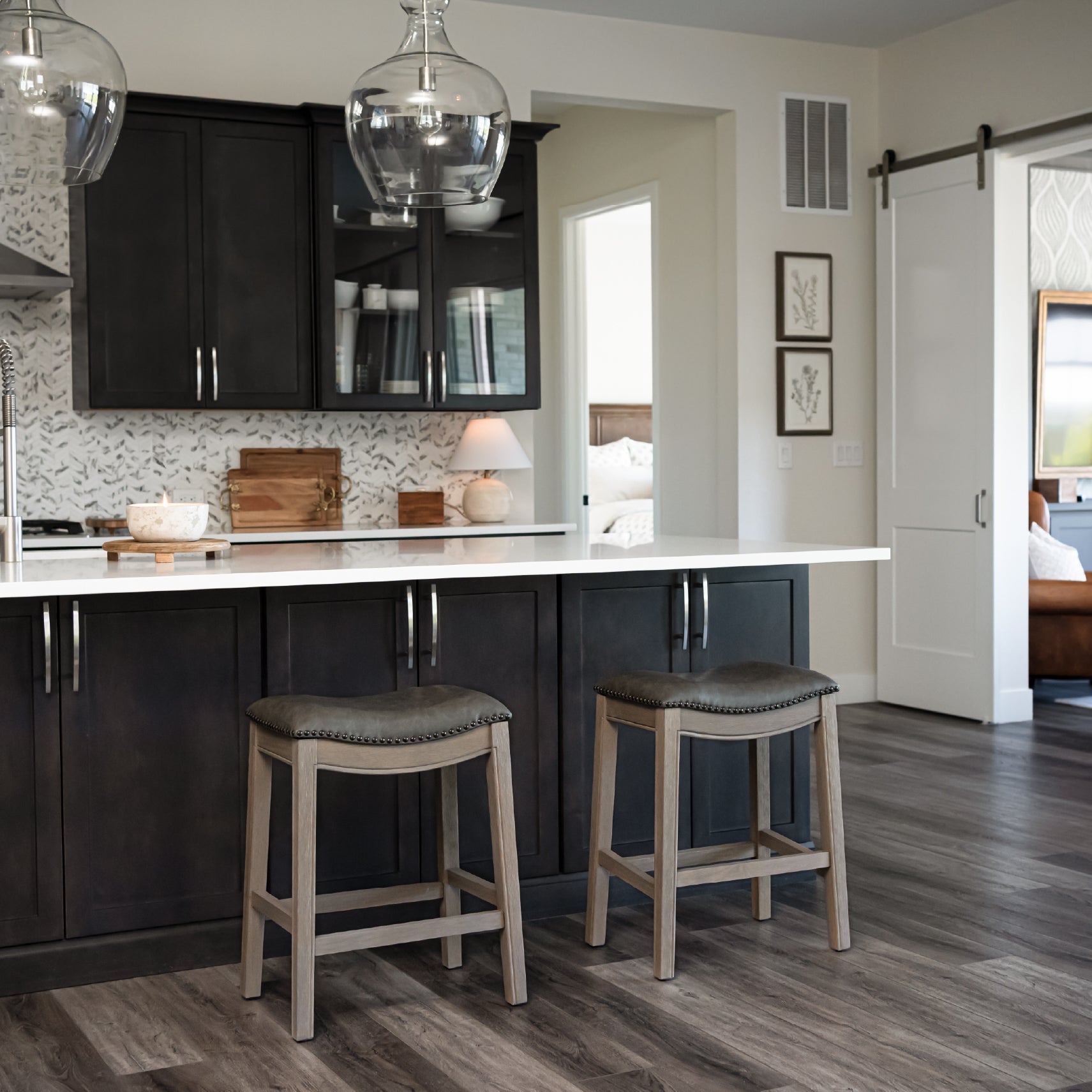 26" Adrien Saddle Counter Stool in Grey Finish with Grey Faux Leather (Set of 2) in Stools by Maven Lane