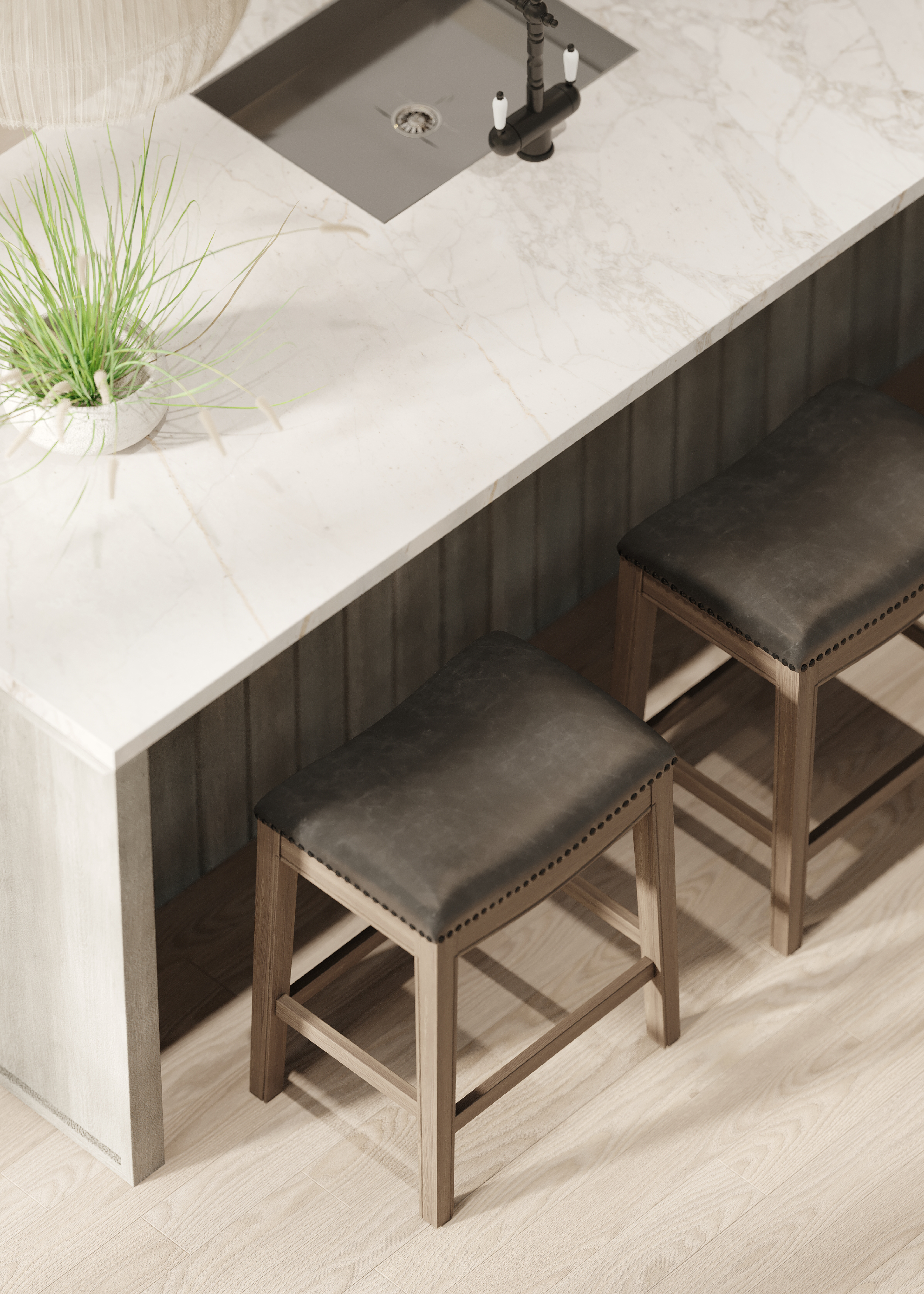 Adrien Saddle Counter Height Kitchen Stool - Reclaimed Oak Finish With Ronan Stone Vegan Leather in Stools by Maven Lane