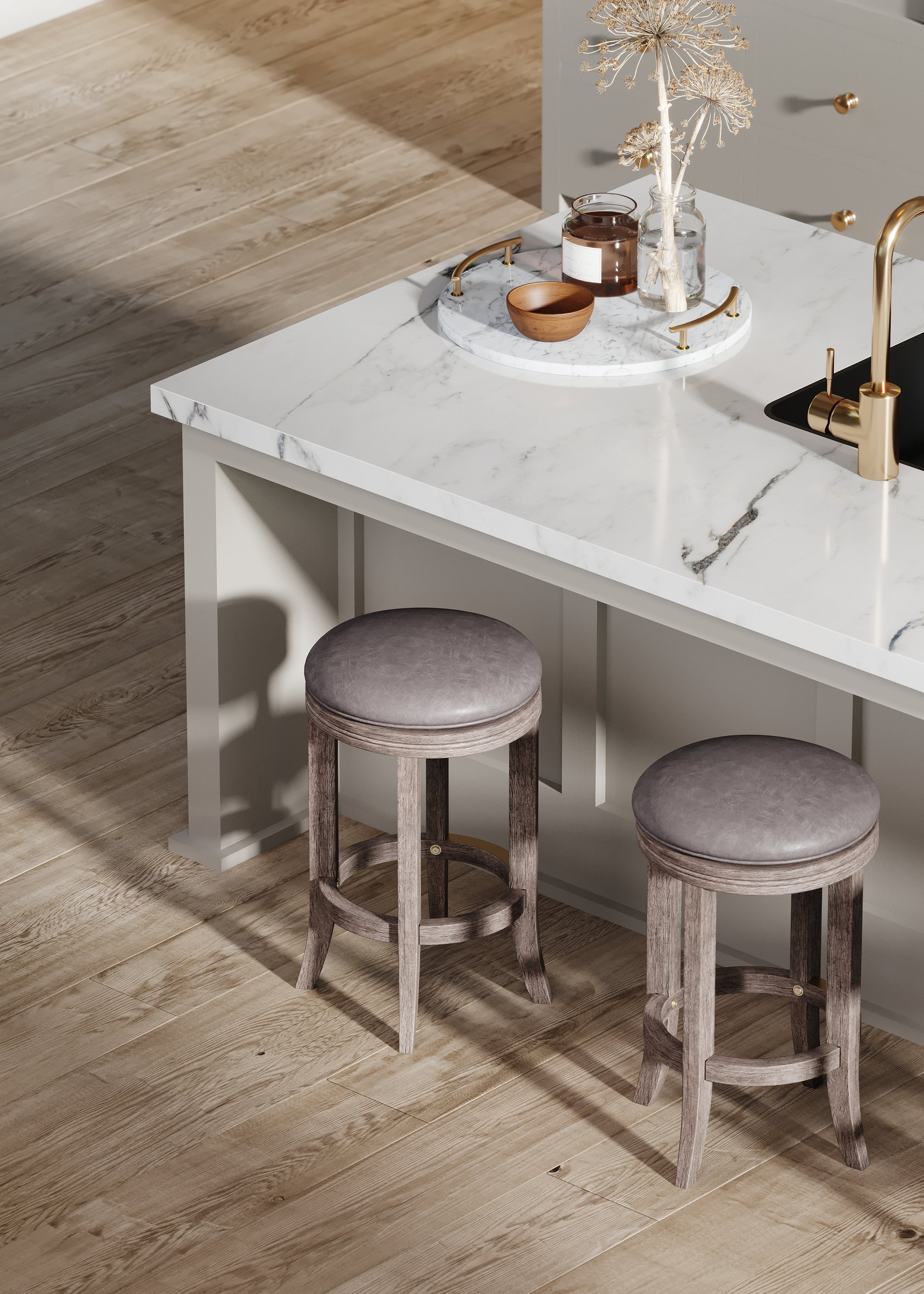 Eva Swivel Counter Height Kitchen Stool - Reclaimed Oak Finish with Ronan Stone Vegan Leather in Stools by Maven Lane