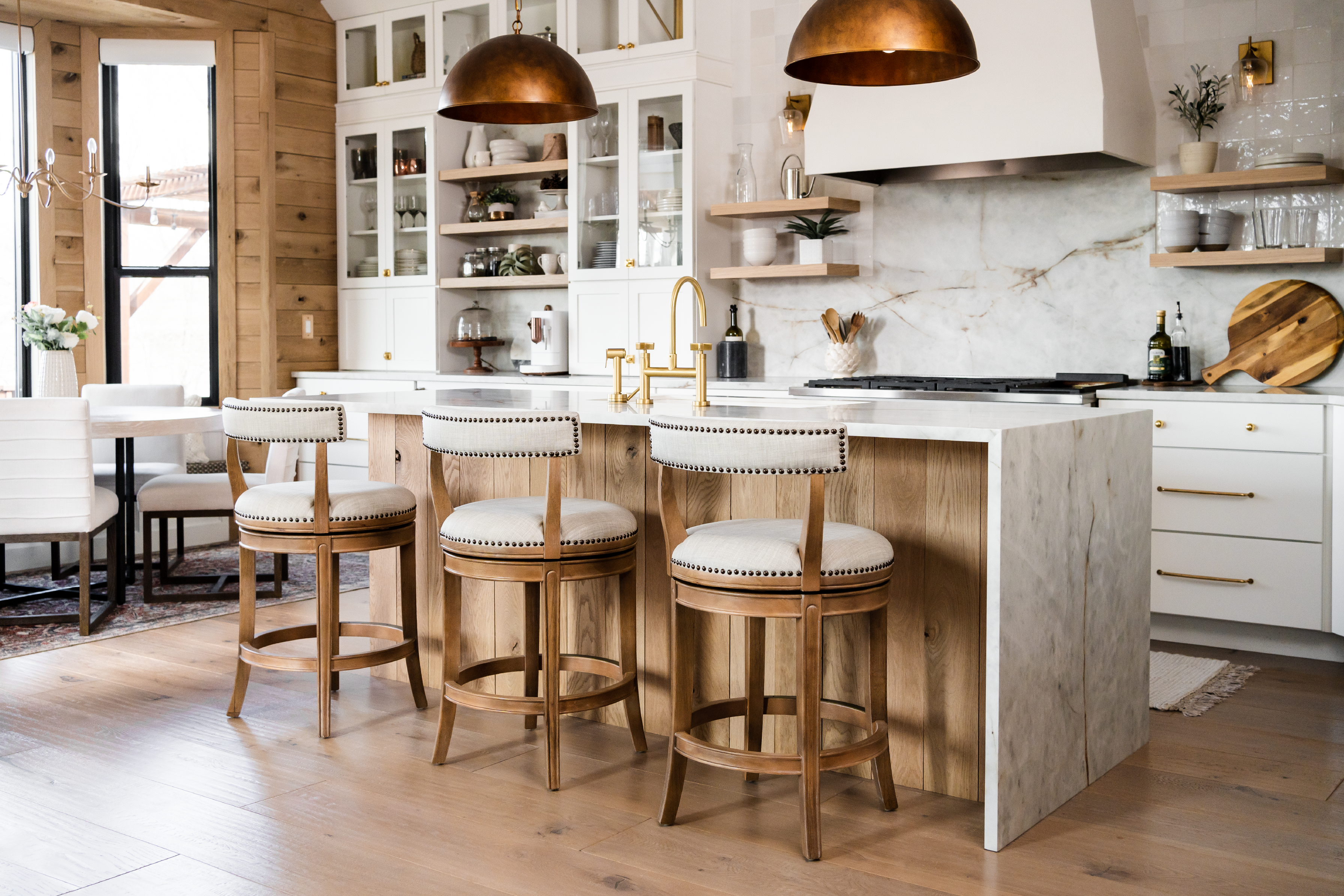 Alexander Counter Stool in Weathered Oak Finish with Sand Color Fabric Upholstery in Stools by Maven Lane
