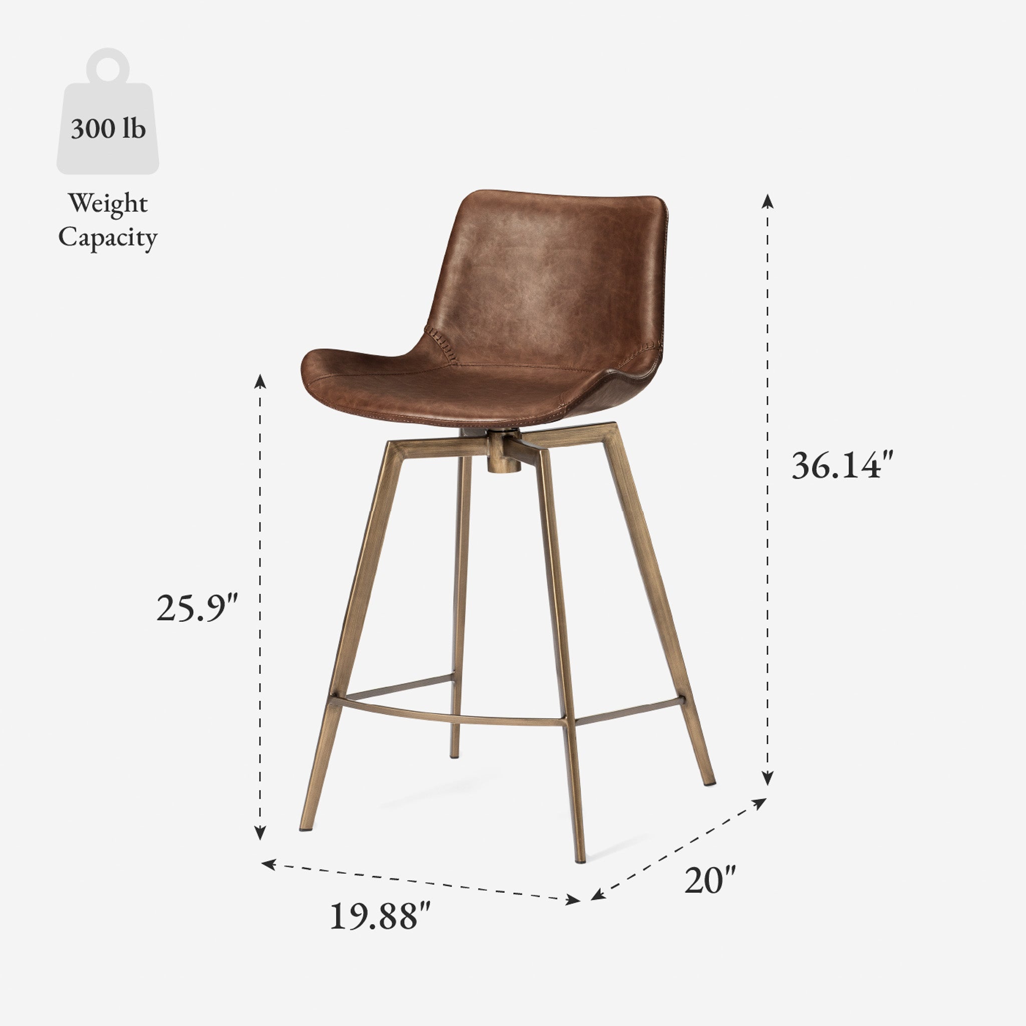 26" Victor Counter Stool in Gold Finish with Brown Faux Leather in Stools by Maven Lane