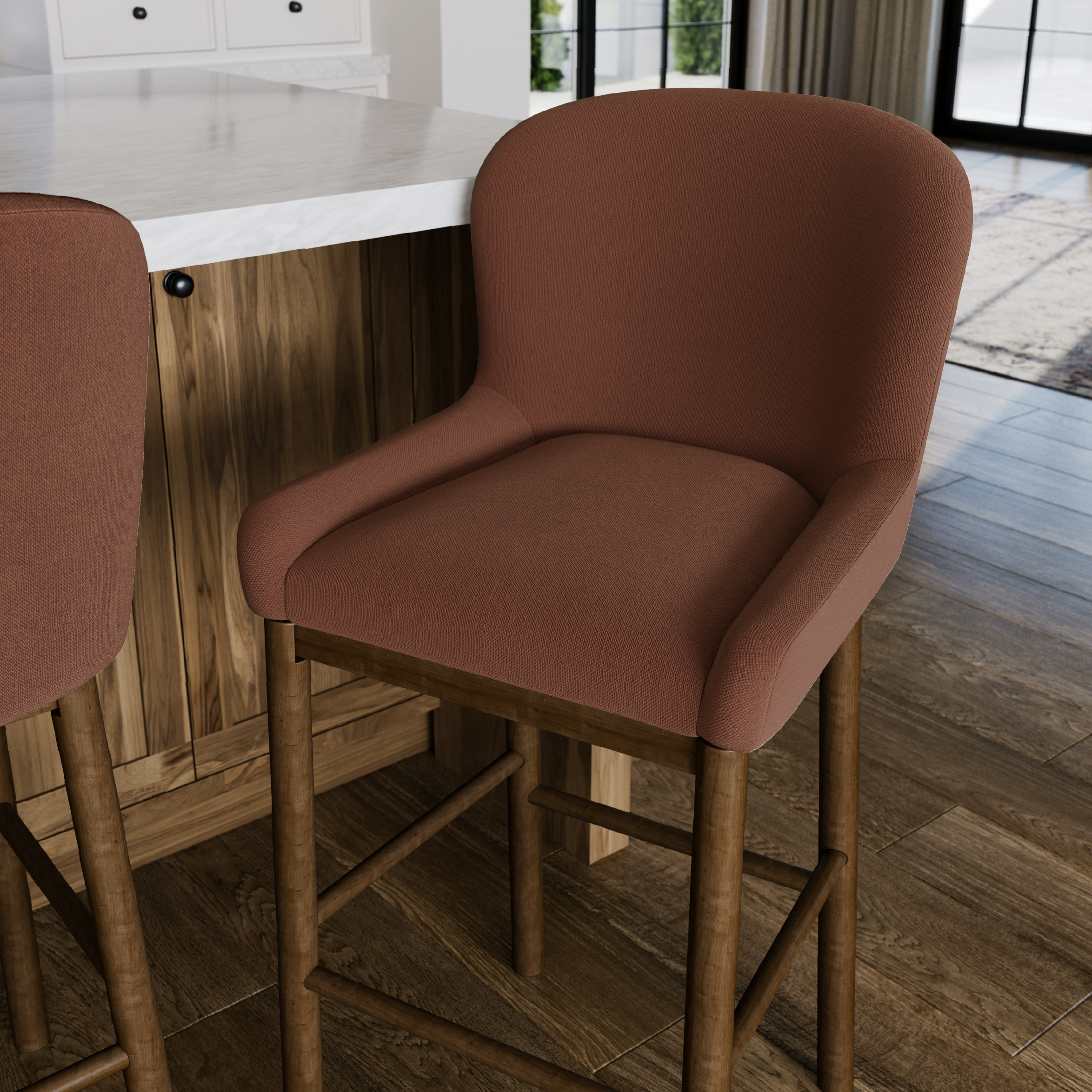 31" Gia bar stool in aged brown finish with clay canvas fabric in Stools by Maven Lane