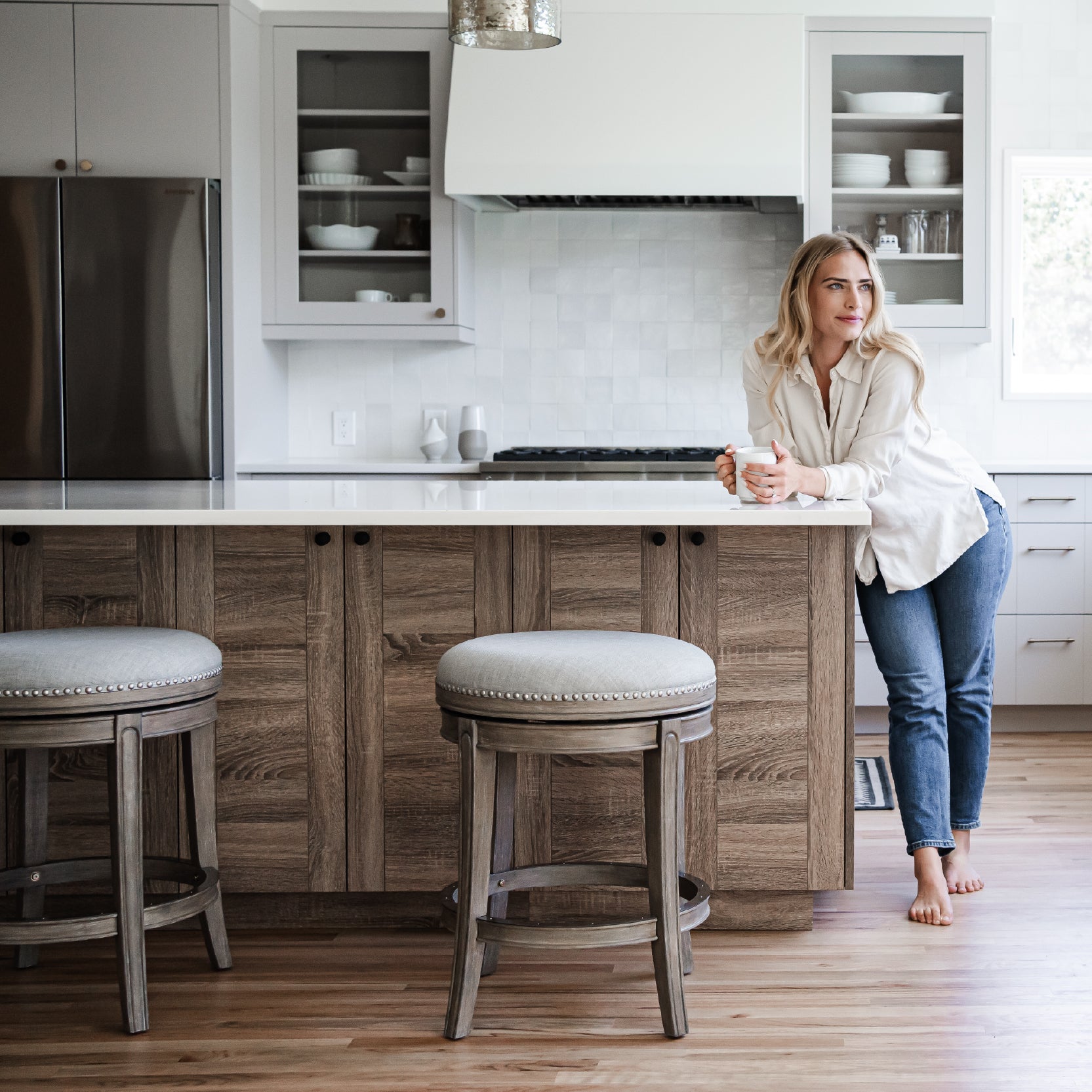 26" Alexander Backless Counter Stool in Grey Finish with Grey Fabric Upholstery in Stools by Maven Lane