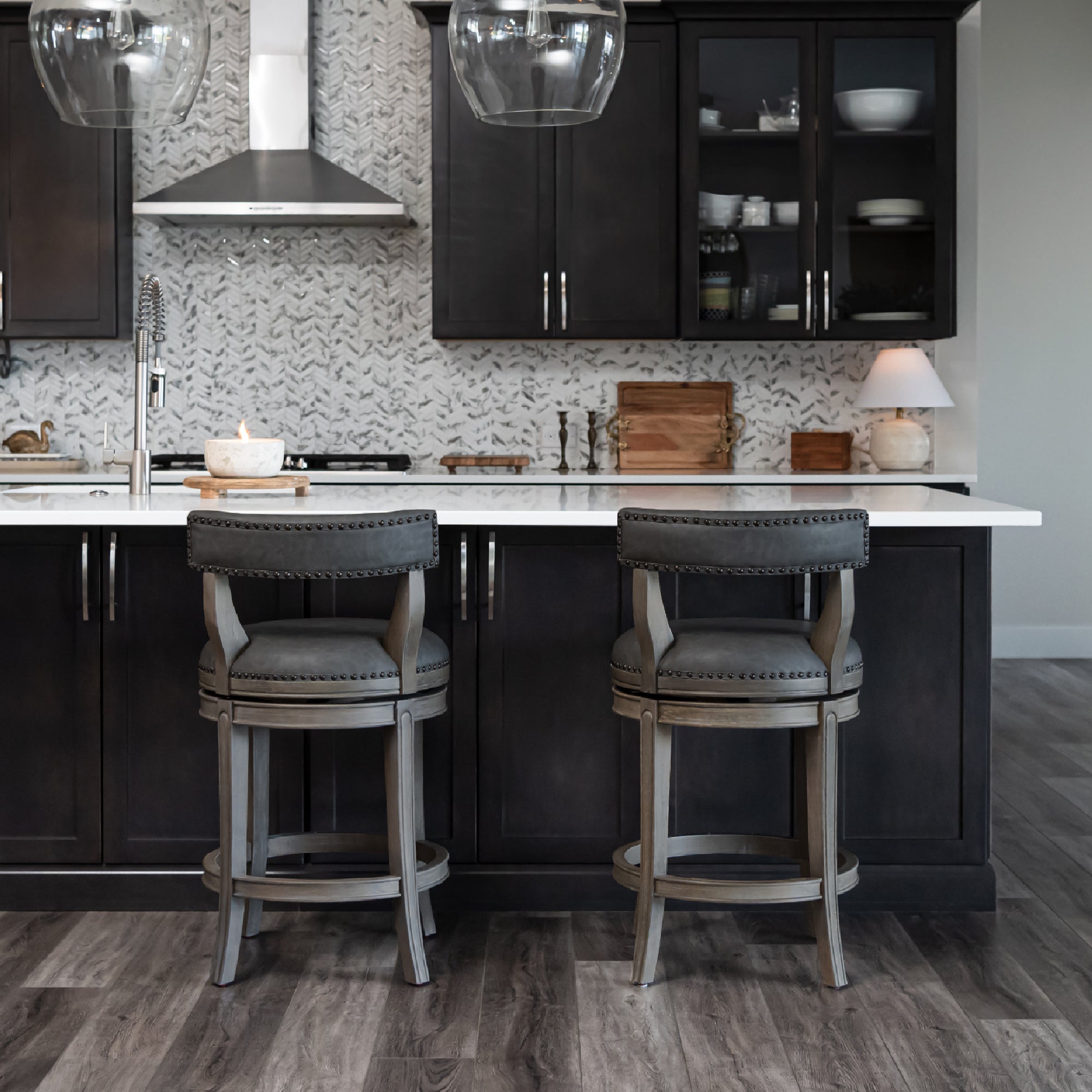 Alexander Counter Stool in Grey Finish with Grey Faux Leather Upholstery in Stools by Maven Lane