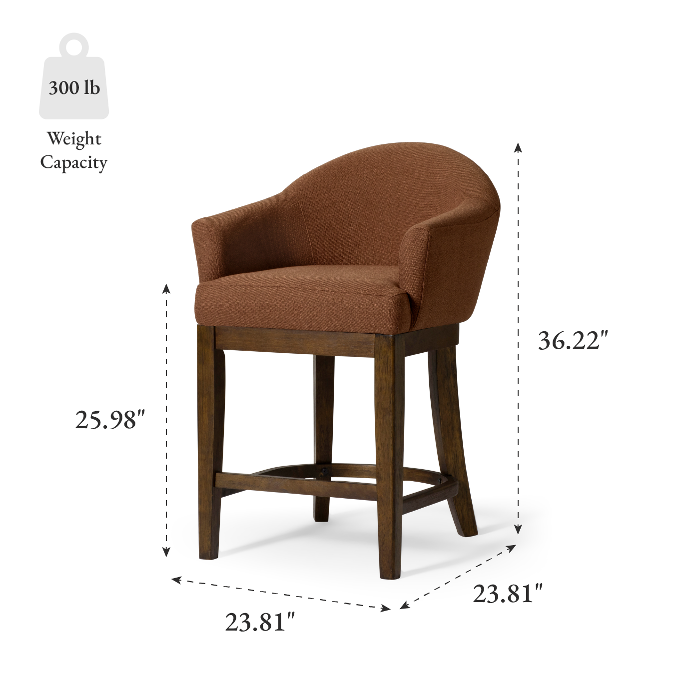 26" Isabella swivel counter height kitchen stool - aged brown finish with clay canvas fabric in Maven Lane by Maven Lane