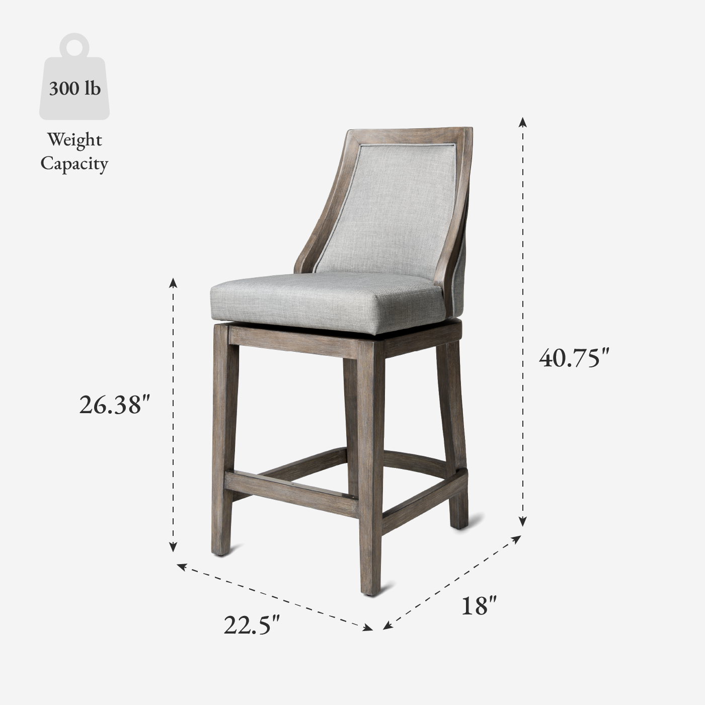 26" Vienna Swivel Counter Stool in Reclaimed Oak Finish with Ash Grey Fabric Upholstery in Stools by Maven Lane