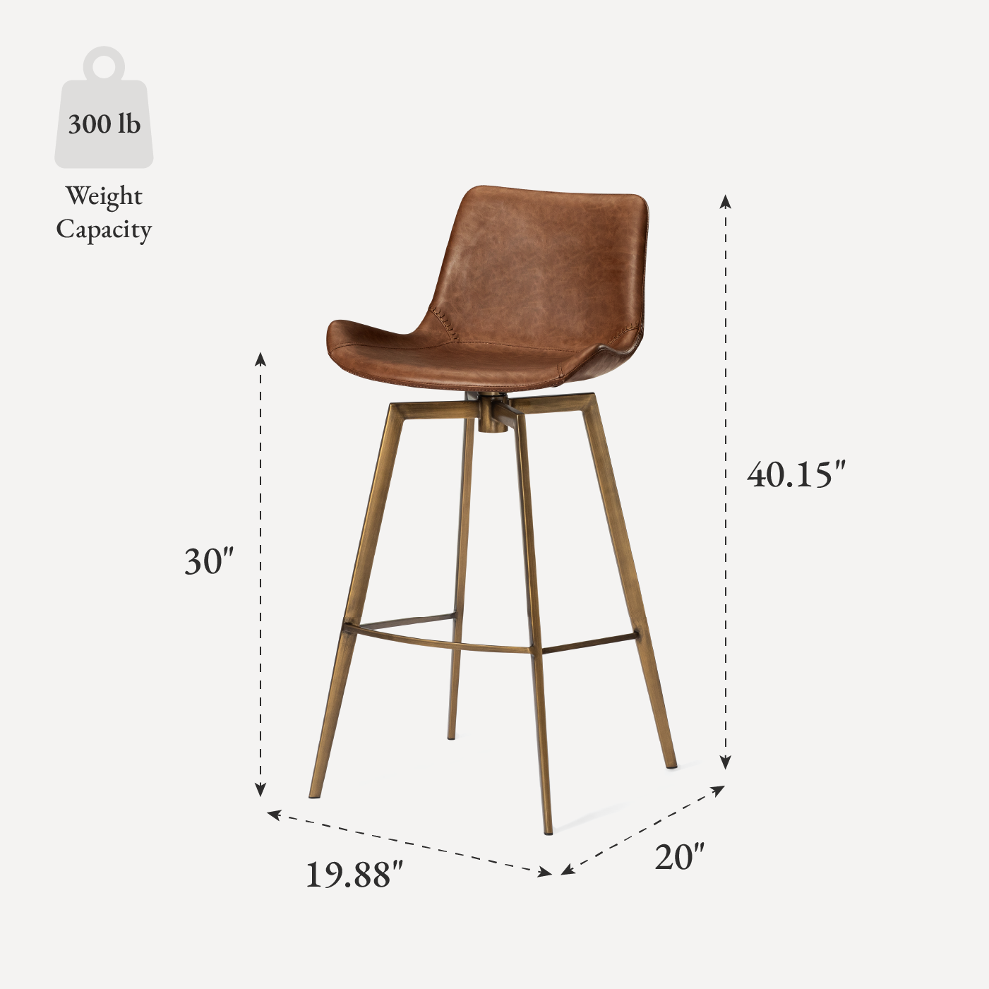 30" Victor Bar Stool in Antiqued Brass Frame with Cocoa Brown Vegan Leather in Maven Lane by Maven Lane