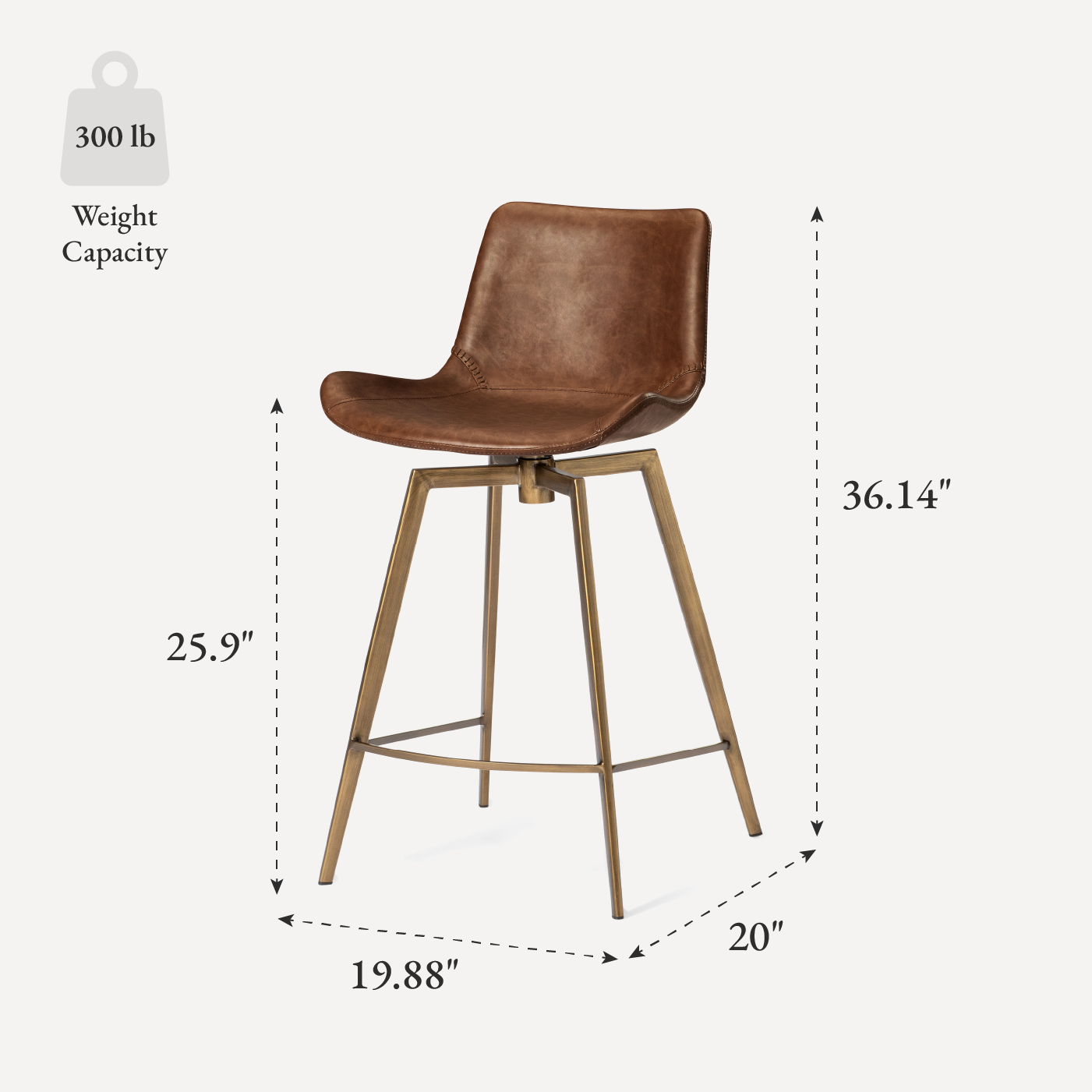 26" Victor Counter Stool in Antiqued Brass Frame with Cocoa Brown Vegan Leather in Maven Lane by Maven Lane