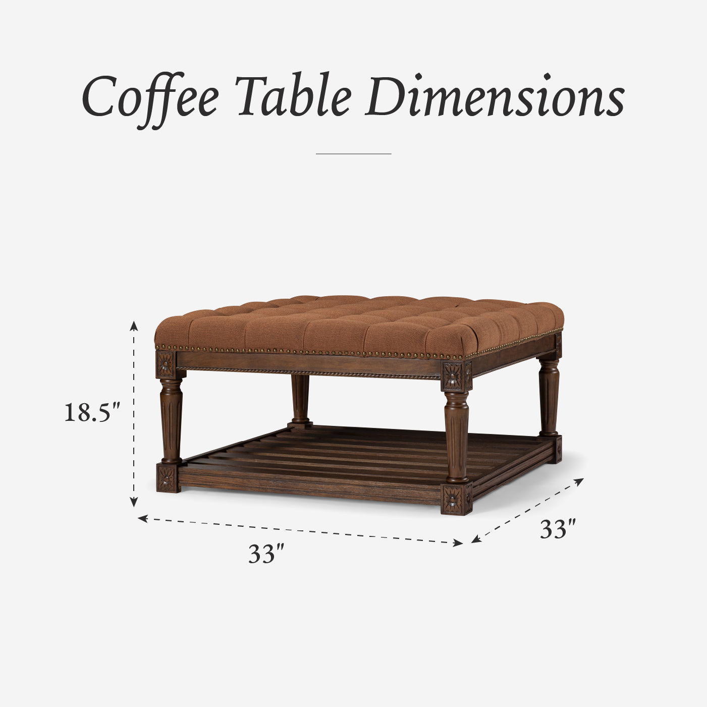 Mesa Square Upholstered Coffee Table in Aged Brown with Clay Brown Fabric in Coffee Table by Maven Lane