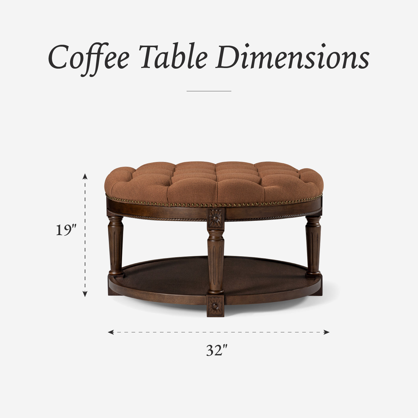 Mesa Round Upholstered Coffee Table in Aged Brown with Clay Brown Fabric in Coffee Table by Maven Lane
