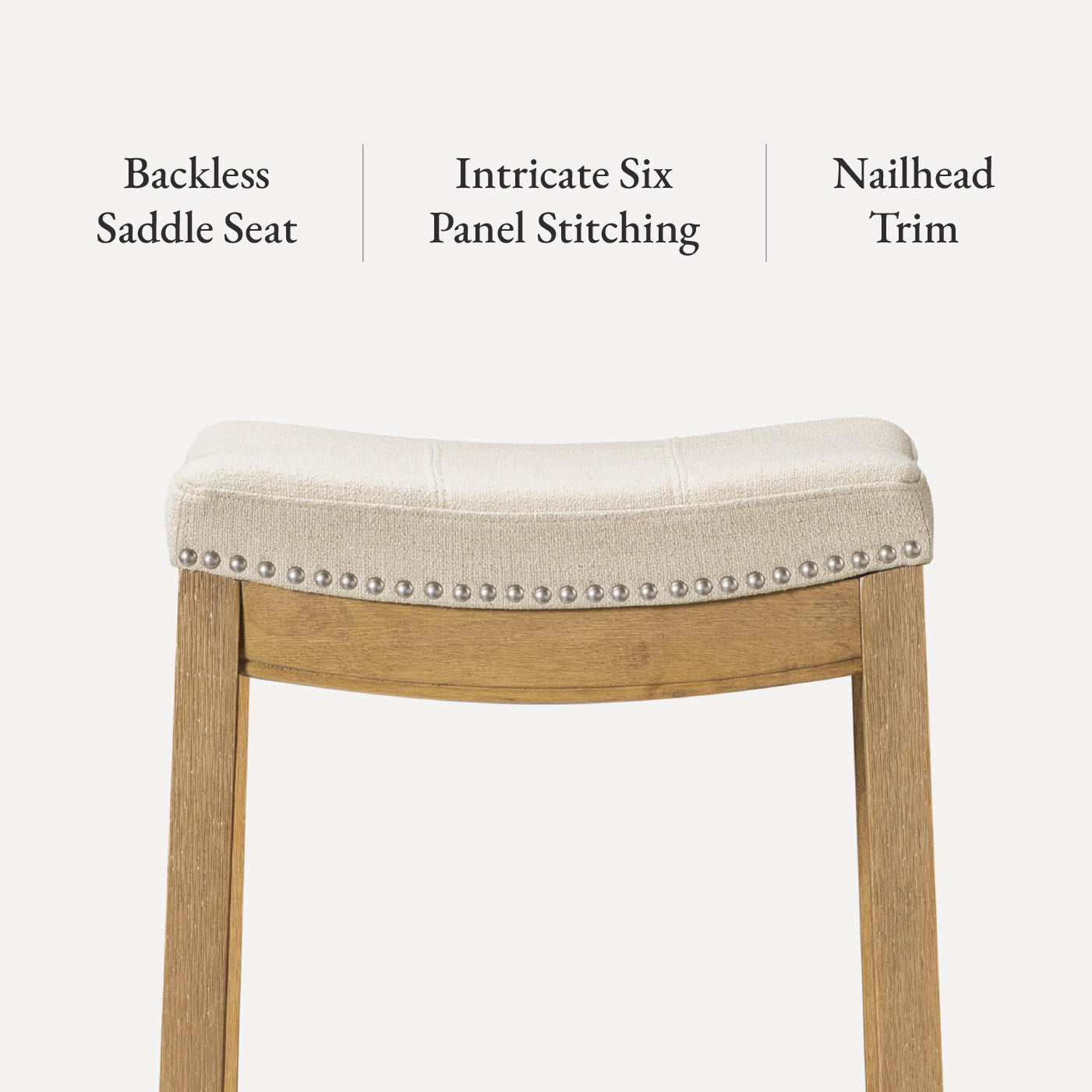 Sophia Saddle Backless Counter Height Kitchen Stool - Aged Natural Finish with Light Beige Fabric in Stools by Maven Lane