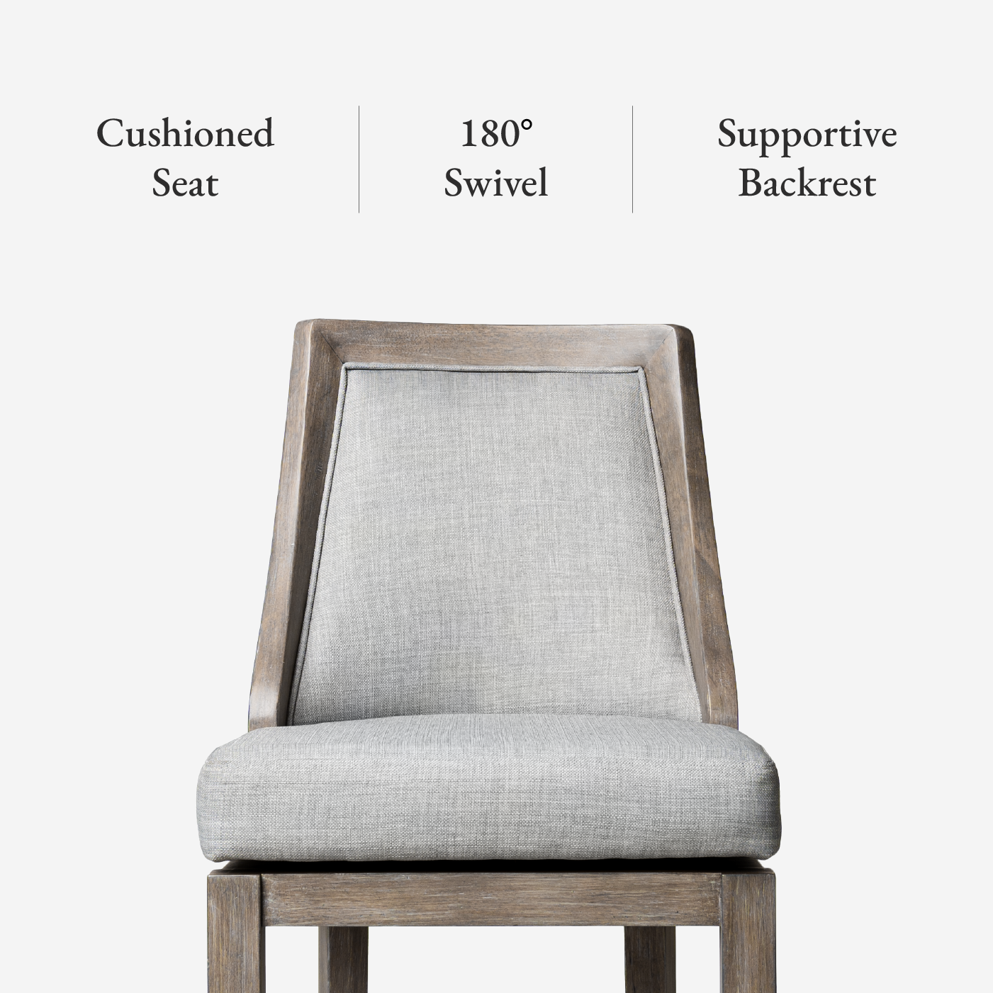 26" Vienna Swivel Counter Stool in Reclaimed Oak Finish with Ash Grey Fabric Upholstery in Stools by Maven Lane