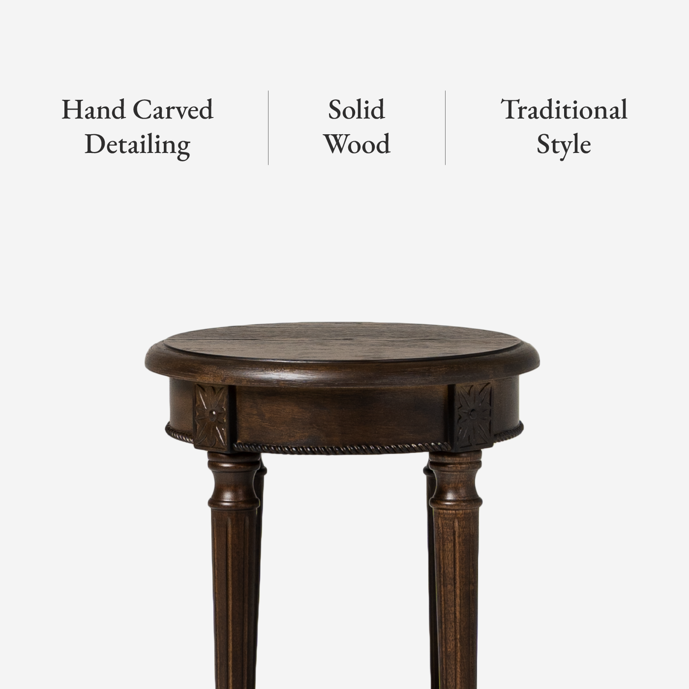 Pullman Traditional Round Wooden Side Table in Antiqued Brown Finish in Accent Tables by Maven Lane