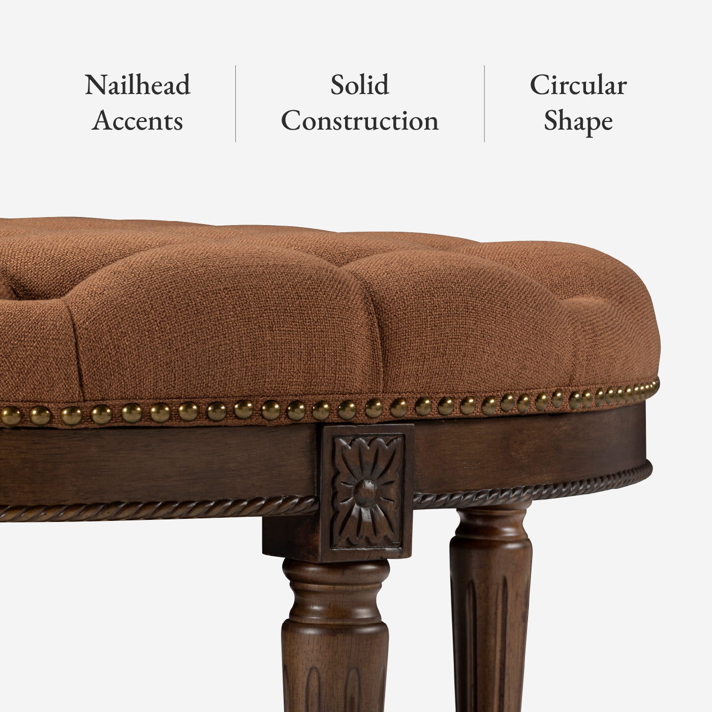 Mesa Round Upholstered Coffee Table in Aged Brown with Clay Brown Fabric in Coffee Table by Maven Lane
