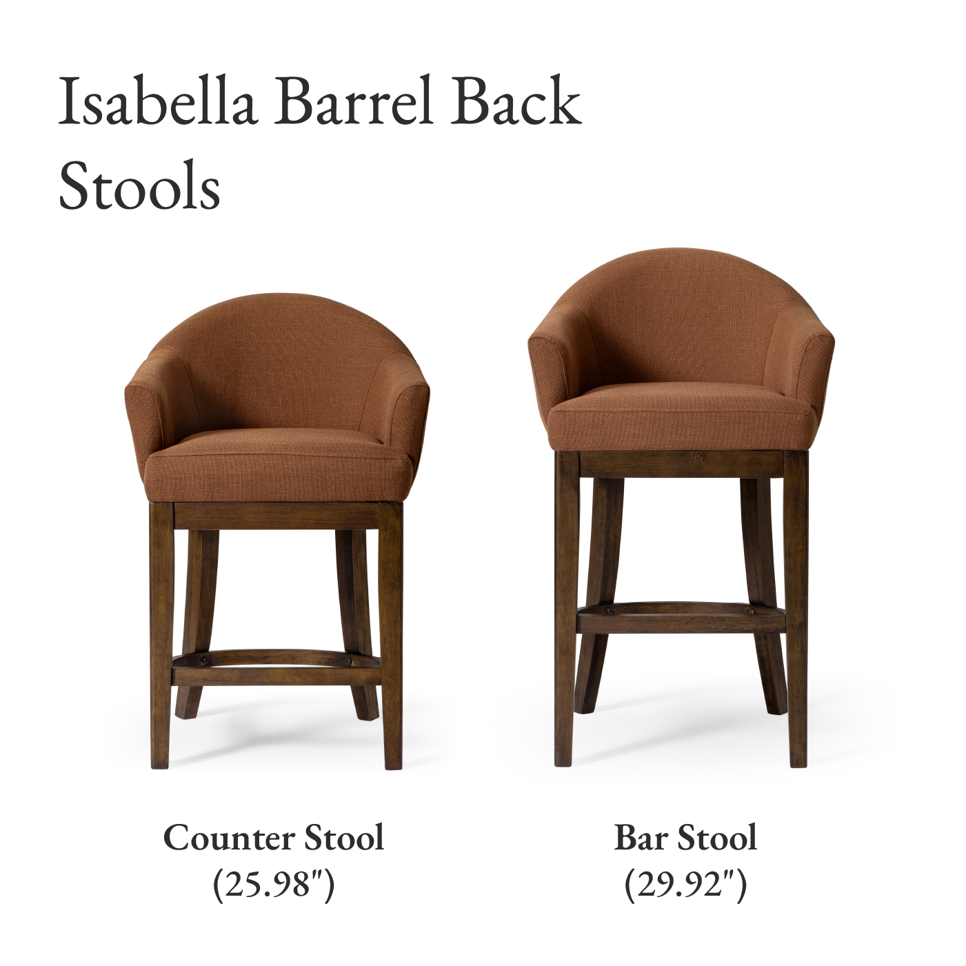 26" Isabella swivel counter height kitchen stool - aged brown finish with clay canvas fabric in Maven Lane by Maven Lane