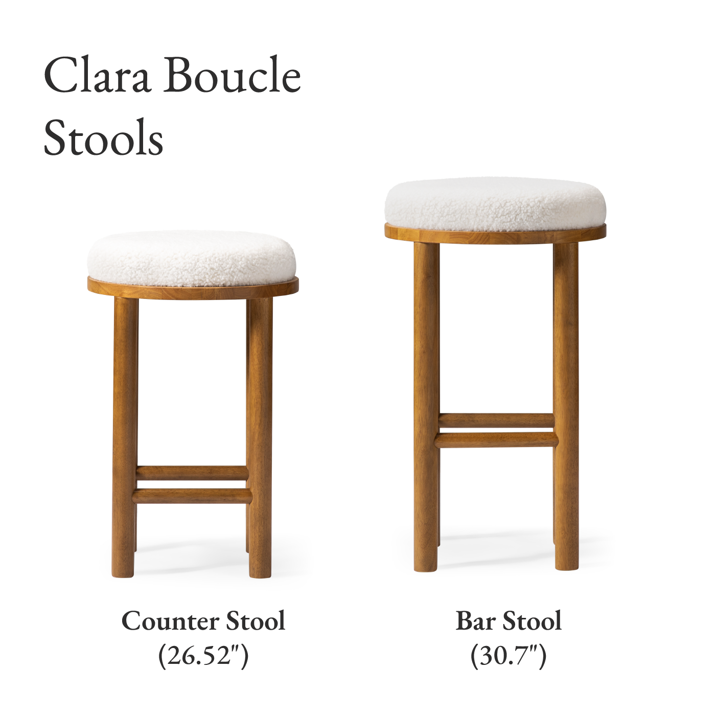 27" Clara counter height kitchen stool - aged natural wood finish with white boucle fabric in Counter Stools by Maven Lane