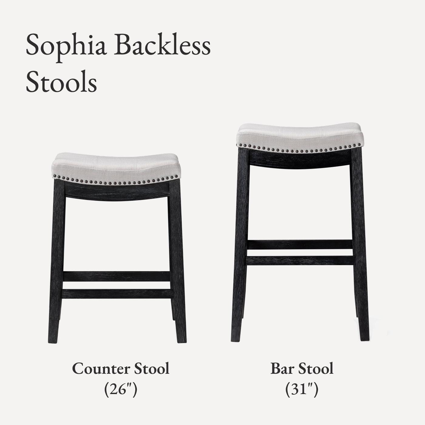 26" Sophia saddle backless counter height kitchen stool - aged black finish with snow white fabric in Stools by Maven Lane