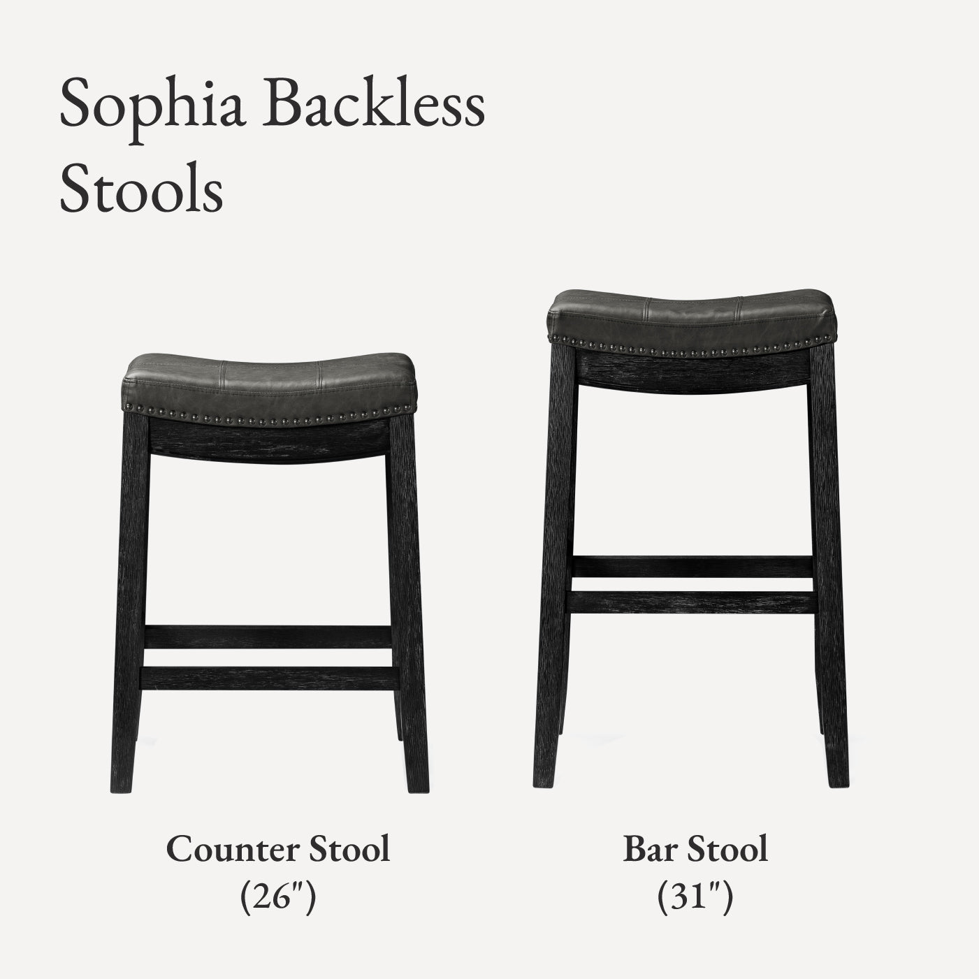 26" Sophia saddle backless counter height kitchen stool - aged black finish with charcoal black vegan leather in Stools by Maven Lane