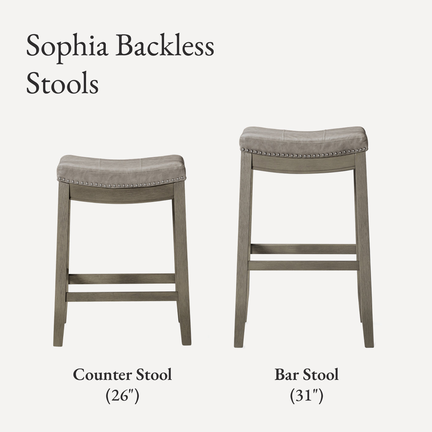 26" Sophia saddle backless counter height kitchen stool - aged grey finish with pebble grey vegan leather in Stools by Maven Lane