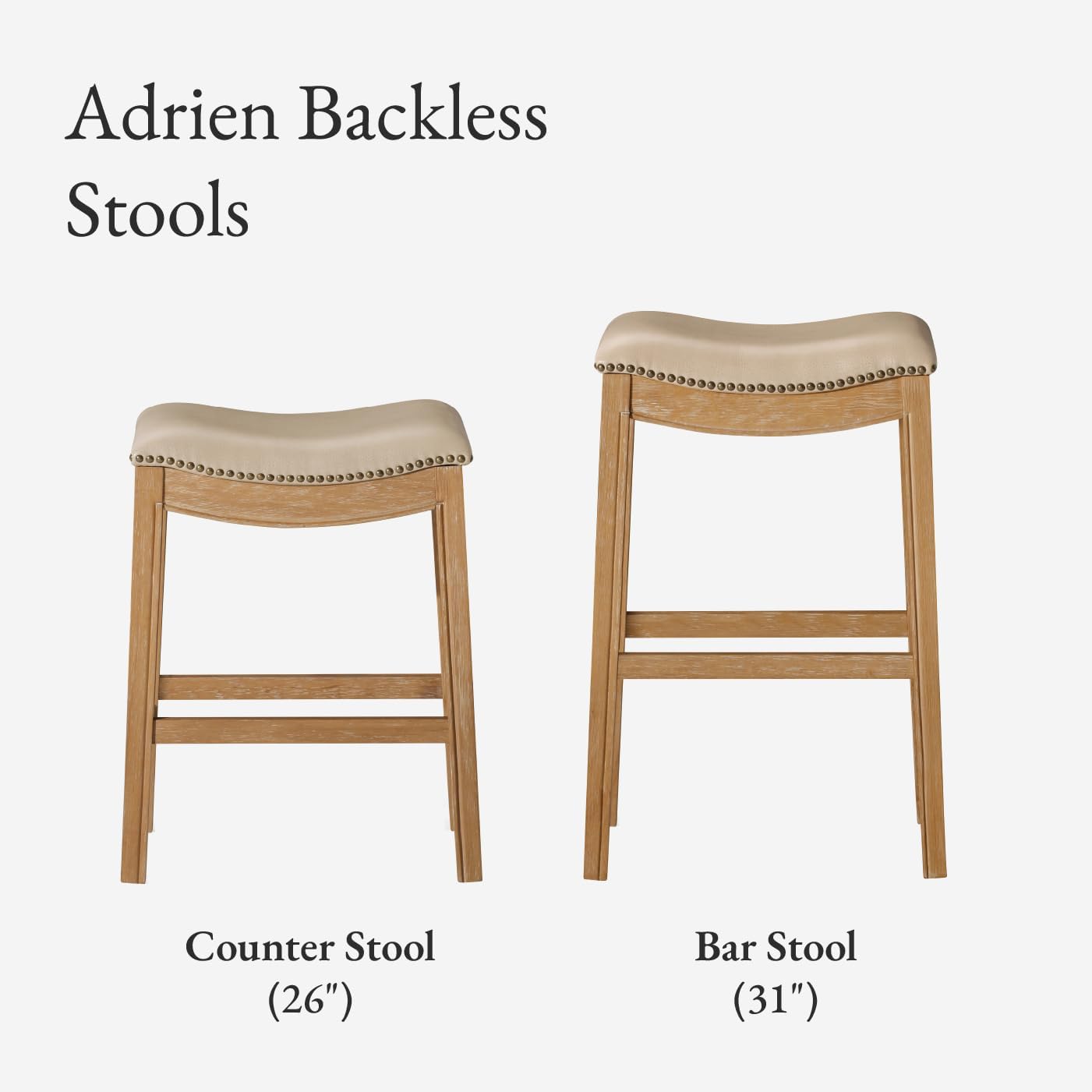 Adrien Saddle Bar Stool in Natural Finish with Beige Faux Leather in Stools by Maven Lane