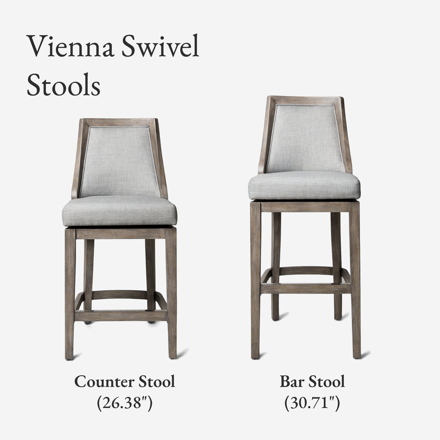 26" Vienna Swivel Counter Stool in Reclaimed Oak Finish with Ash Grey Fabric Upholstery in Stools by Maven Lane
