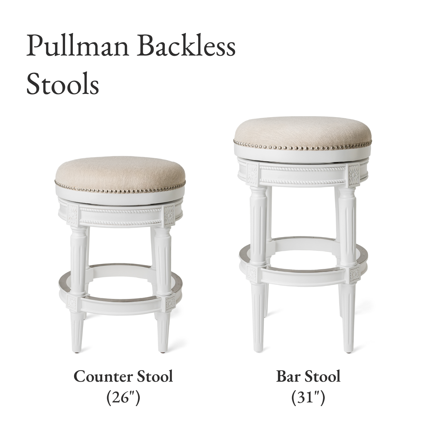 31" Pullman backless swivel bar stool in alabaster white finish with cream fabric upholstery in Stools by Maven Lane