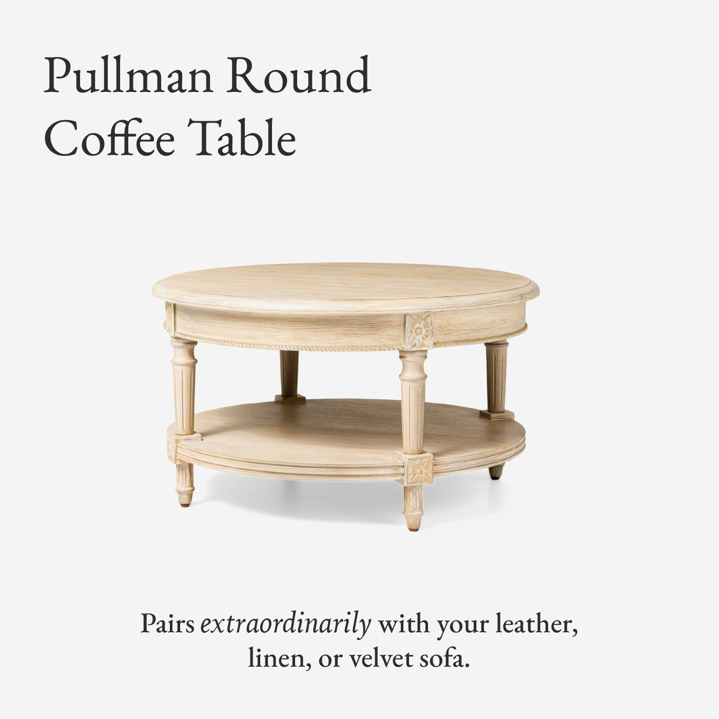 Pullman Traditional Round Wooden Coffee Table in Antiqued White Finish in Accent Tables by Maven Lane