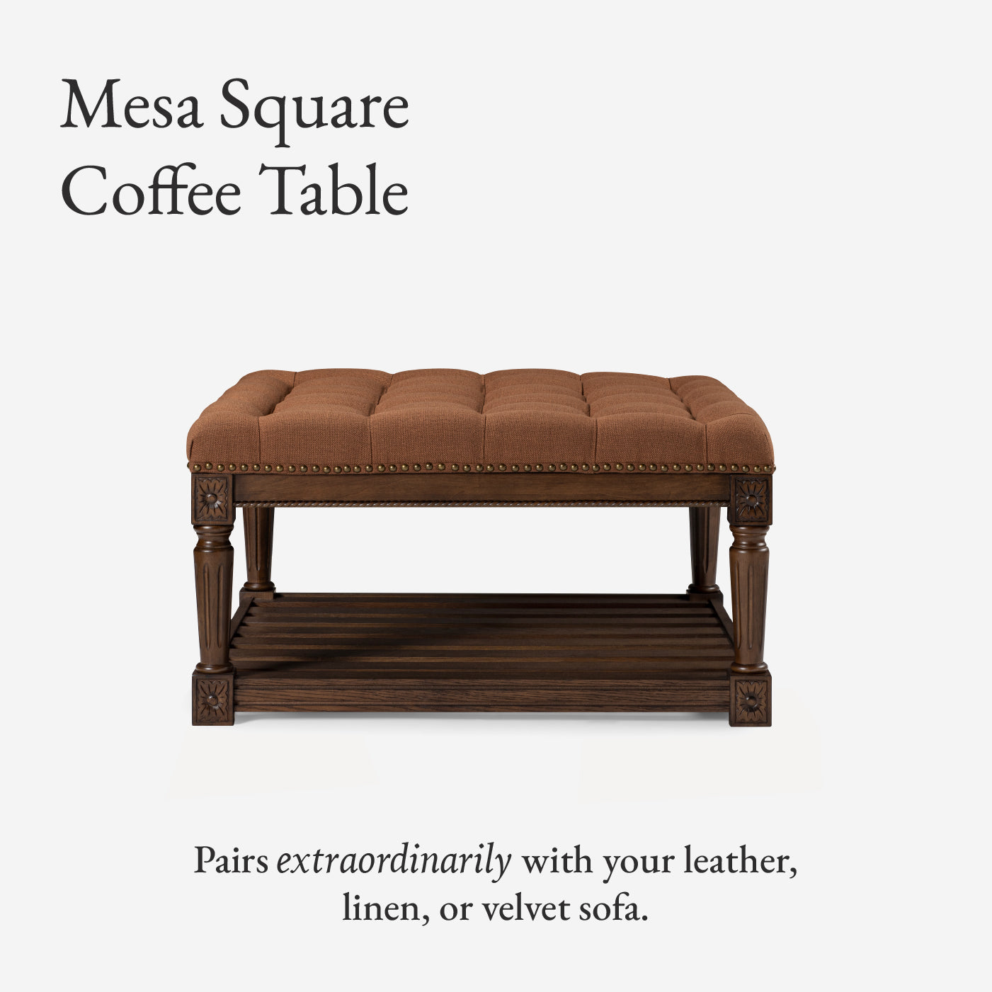 Mesa Square Upholstered Coffee Table in Aged Brown with Clay Brown Fabric in Coffee Table by Maven Lane