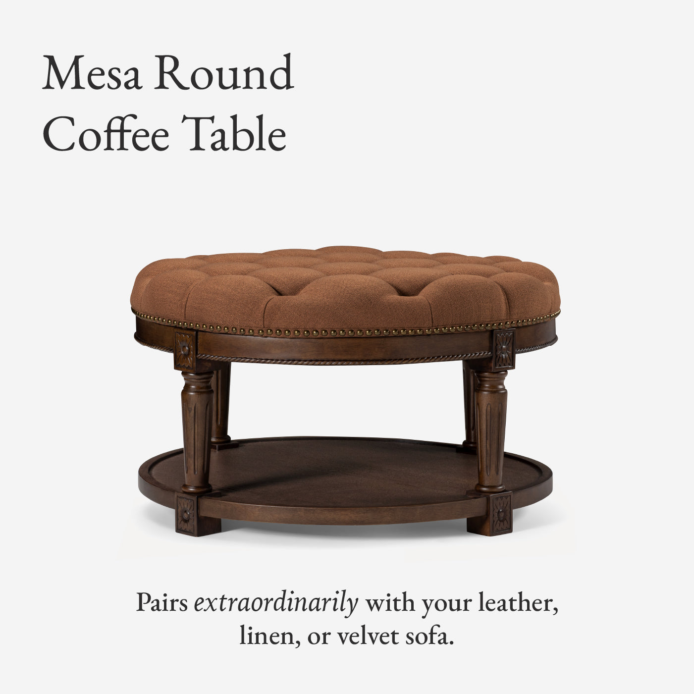 Mesa Round Upholstered Coffee Table in Aged Brown with Clay Brown Fabric in Coffee Table by Maven Lane