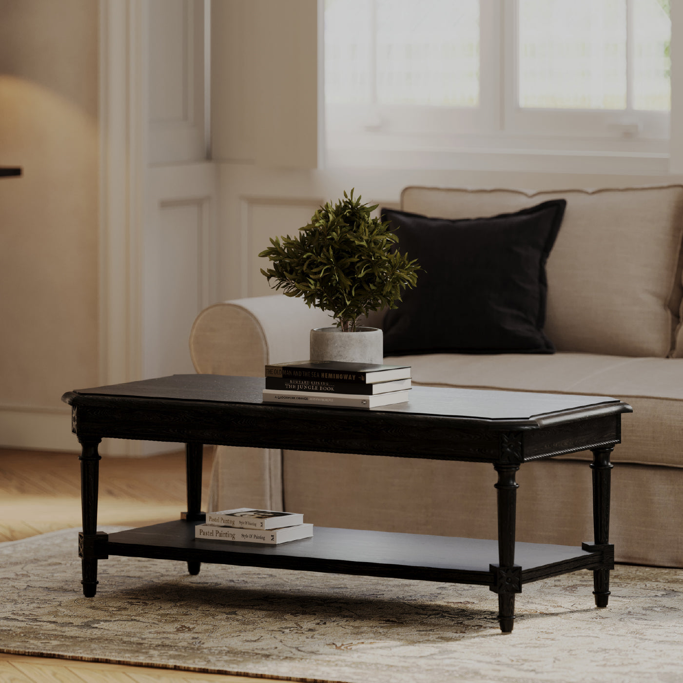 Pullman Traditional Rectangular Wooden Coffee Table in Antiqued Black Finish in Accent Tables by Maven Lane