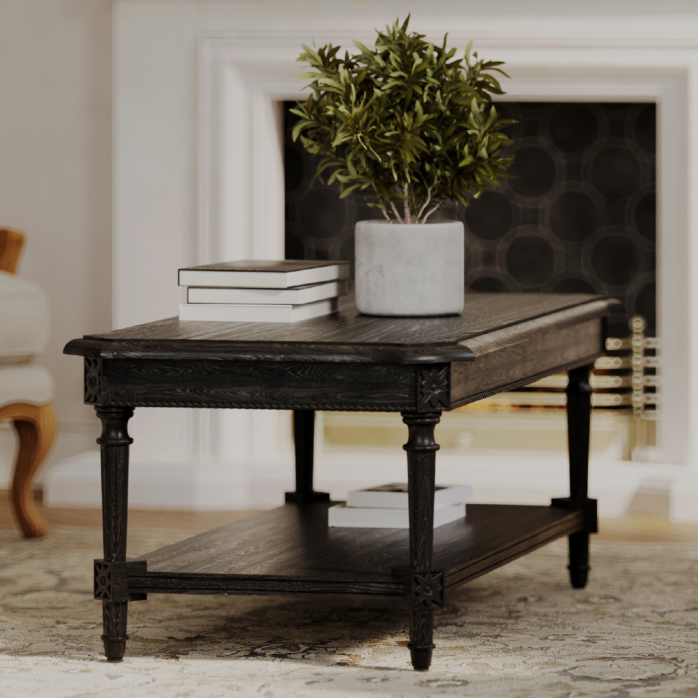 Pullman Traditional Rectangular Wooden Coffee Table in Antiqued Black Finish in Accent Tables by Maven Lane