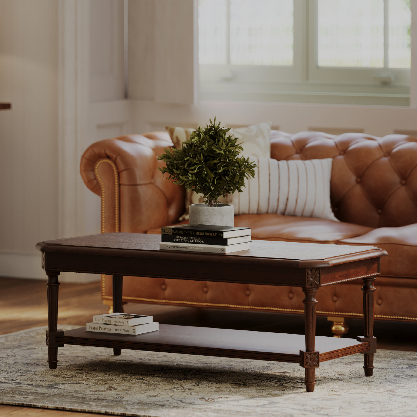Pullman Traditional Rectangular Wooden Coffee Table in Antiqued Brown Finish in Accent Tables by Maven Lane
