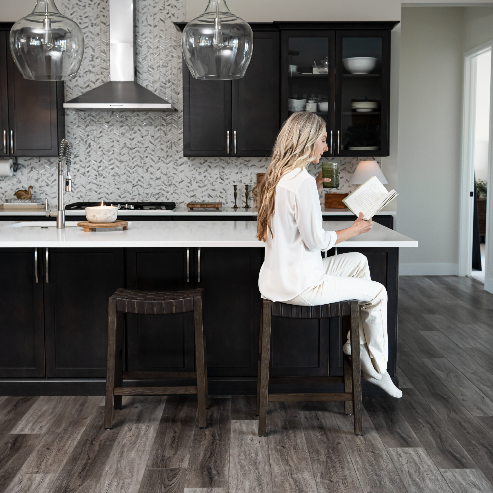 26" Emerson counter height kitchen stool - weathered brown wood finish with marksman saddle vegan leather in Stools by Maven Lane