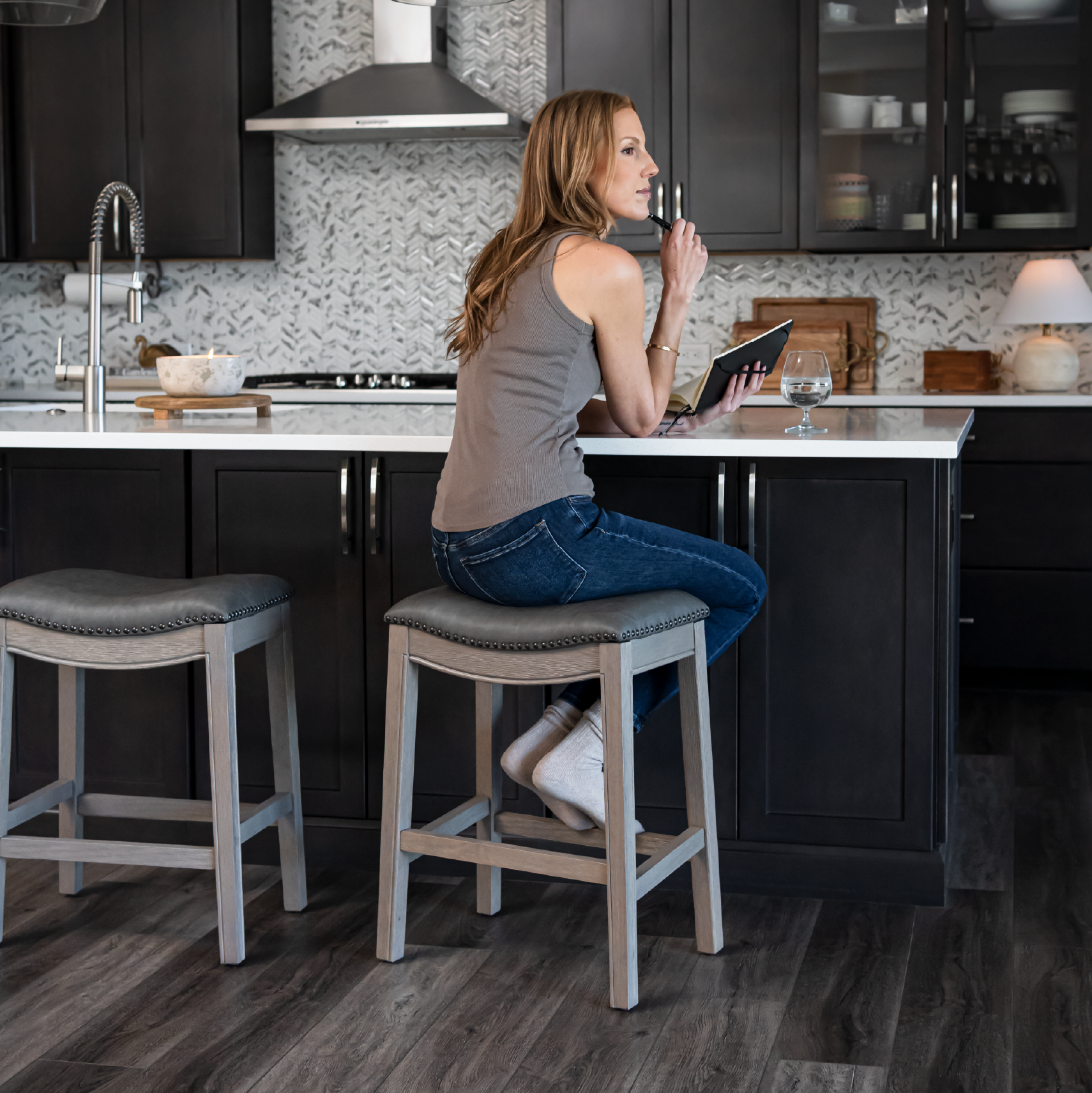 26" Adrien saddle counter height kitchen stool - reclaimed oak finish with ronan stone vegan leather in Stools by Maven Lane