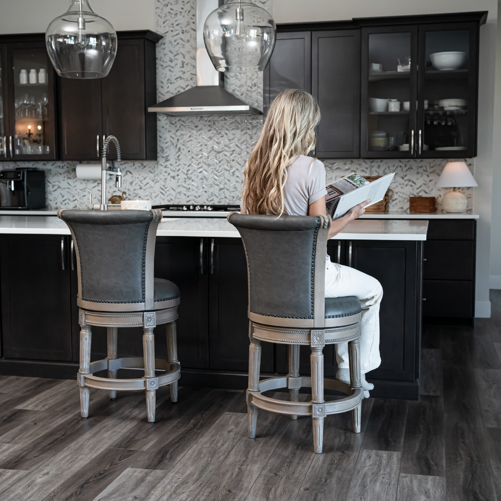 Pullman Swivel Counter Height Kitchen Stool - Reclaimed Oak Finish with Ronan Stone Vegan Leather in Stools by Maven Lane