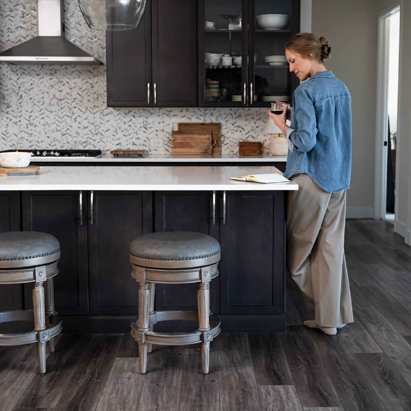 27" Pullman backless swivel counter height kitchen stool - reclaimed oak finish with ronan stone vegan leather in Stools by Maven Lane