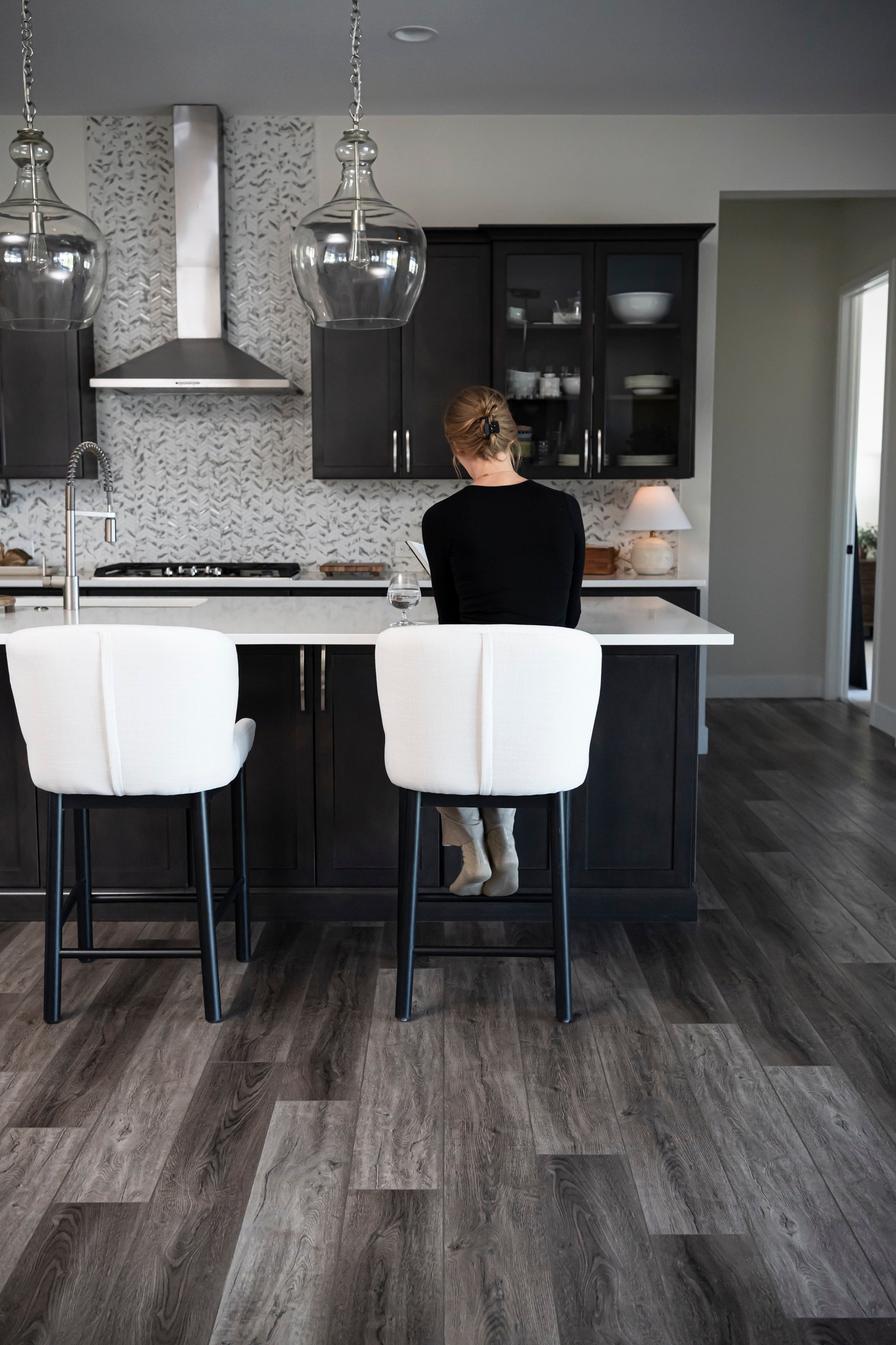 Gia Counter Height Kitchen Stool - Aged Black Finish with Dove Weave Fabric