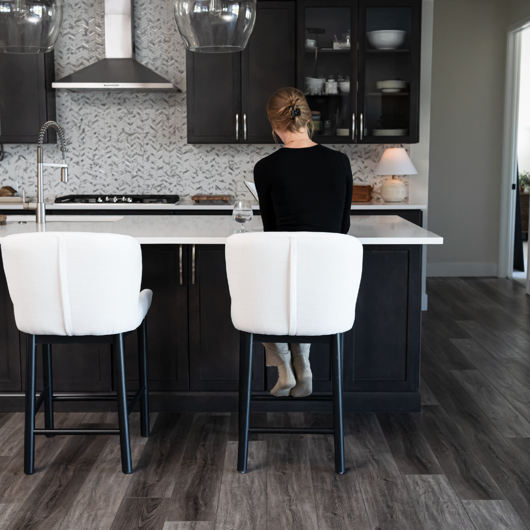 Gia Counter Height Kitchen Stool - Aged Black Finish with Dove Weave Fabric in Stools by Maven Lane