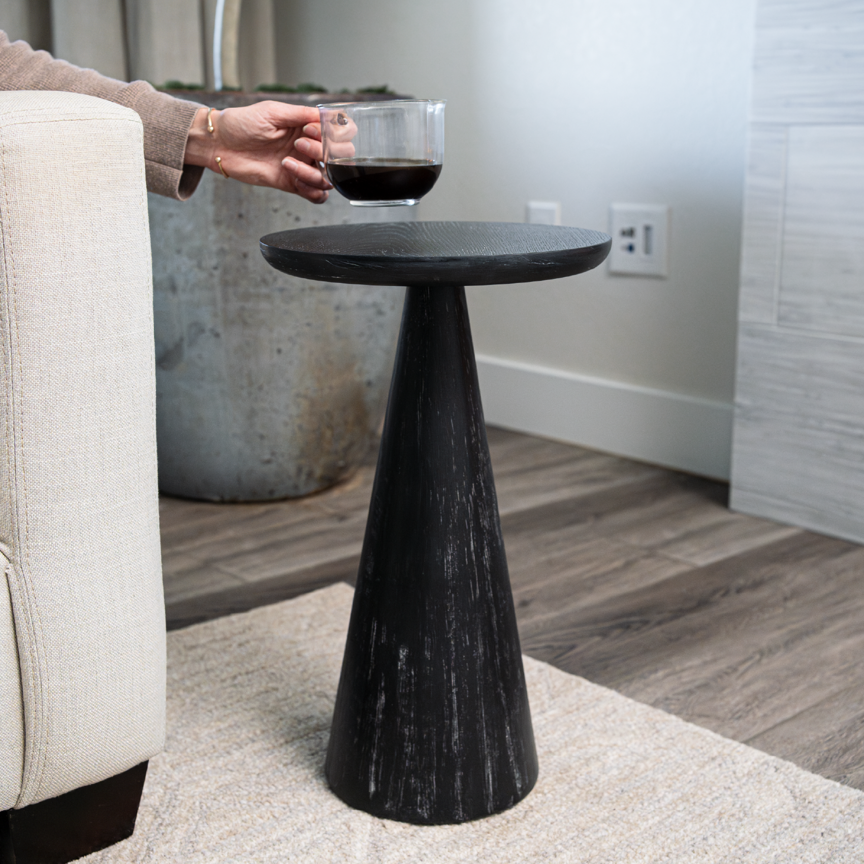 Owen rustic wooden drink table in aged black in Accent Tables by Maven Lane