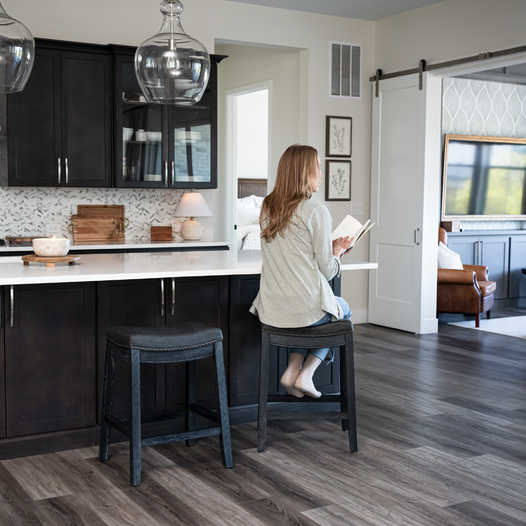 26" Sophia saddle backless counter height kitchen stool - aged black finish with charcoal black vegan leather in Stools by Maven Lane