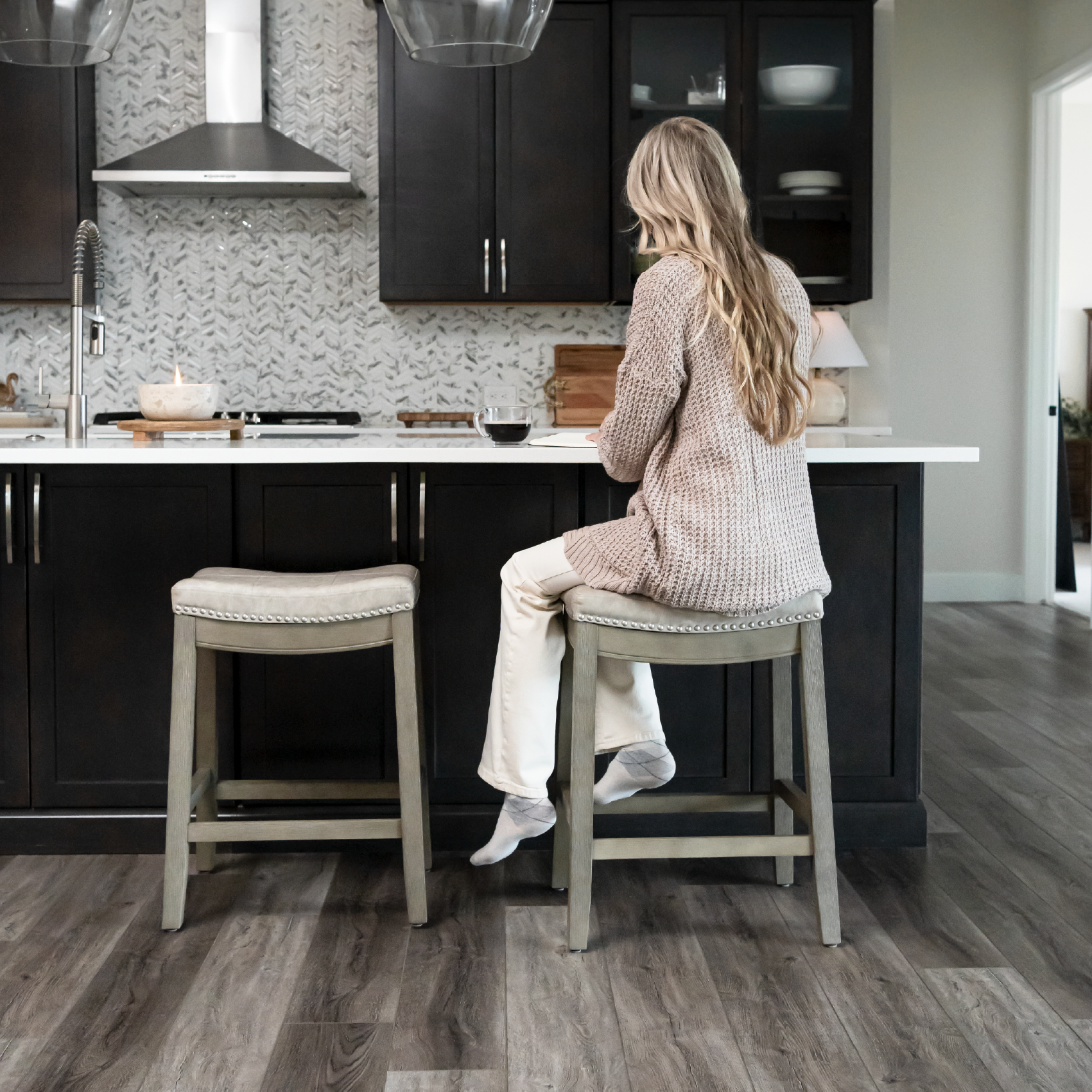 26" Sophia saddle backless counter height kitchen stool - aged grey finish with pebble grey vegan leather in Stools by Maven Lane