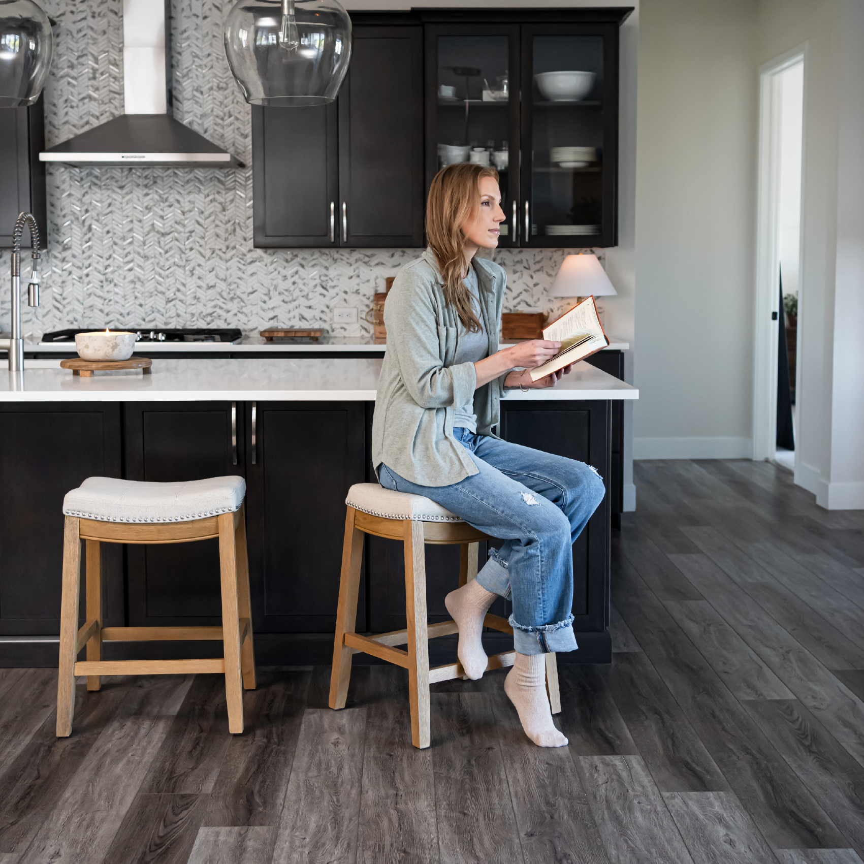 Sophia Saddle Backless Counter Height Kitchen Stool - Aged Natural Finish with Light Beige Fabric in Stools by Maven Lane