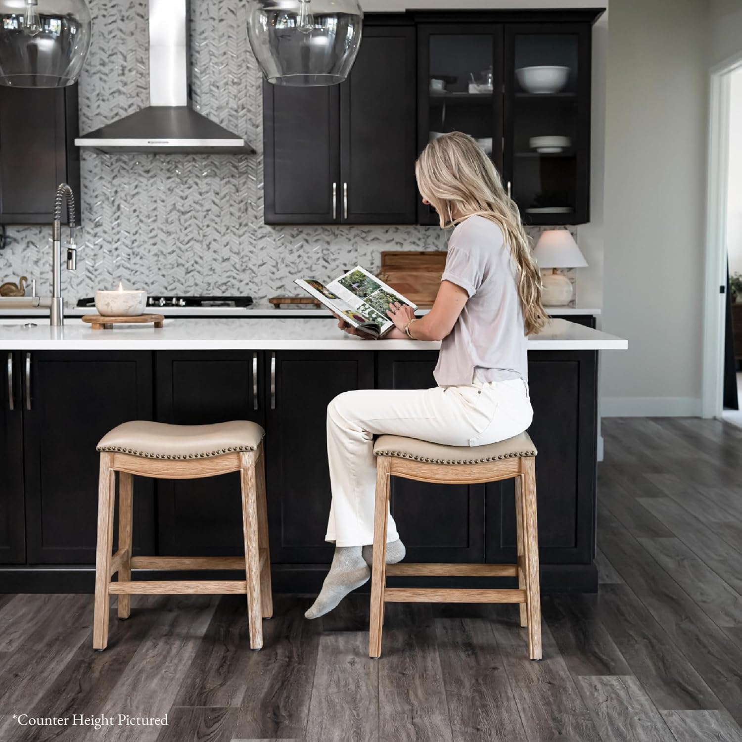 31" Adrien Saddle Bar Stool in Natural Finish with Beige Faux Leather in Stools by Maven Lane
