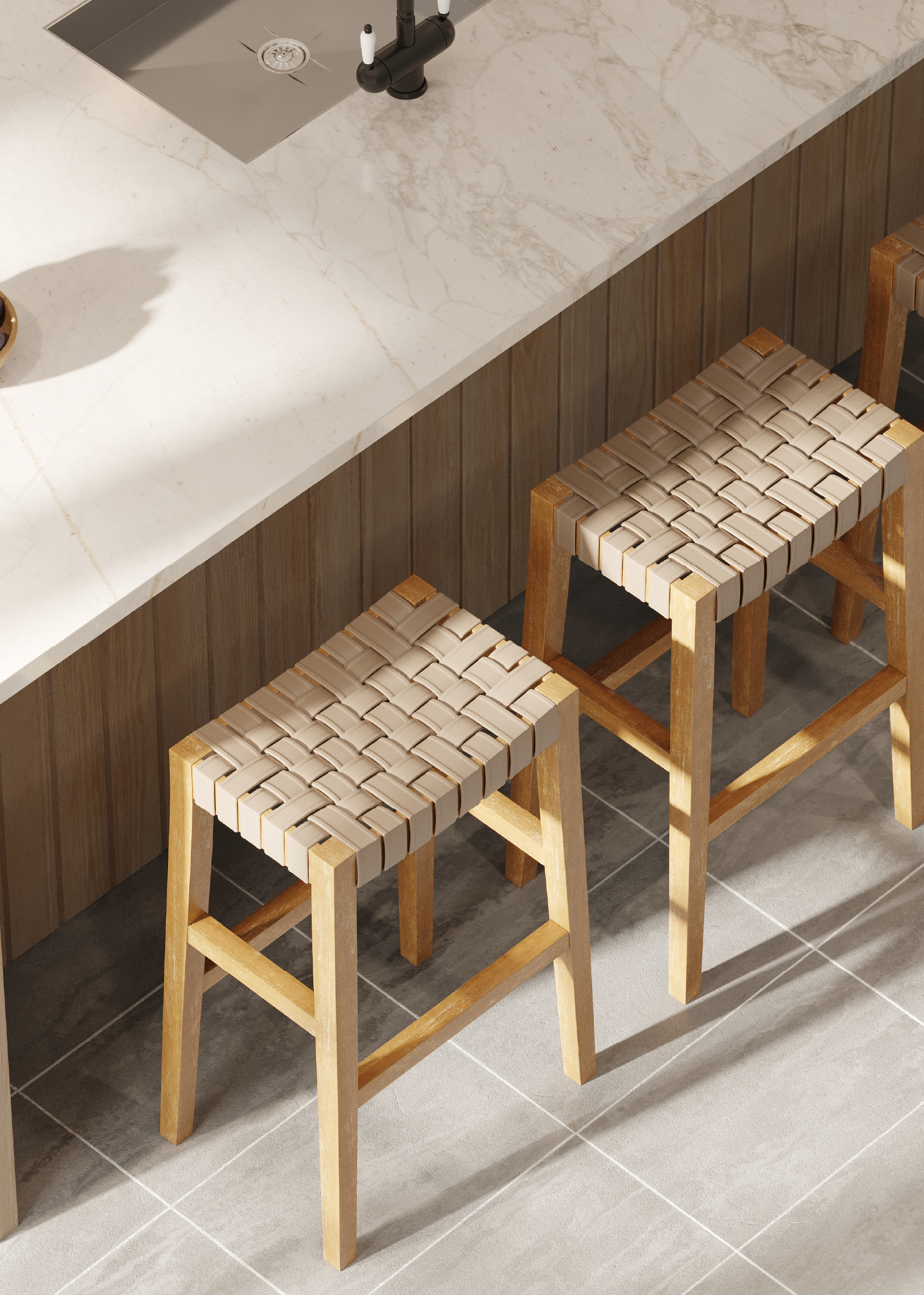 Emerson Bar Stool In Weathered Natural Wood Finish With Avanti Bone Vegan Leather in Stools by Maven Lane
