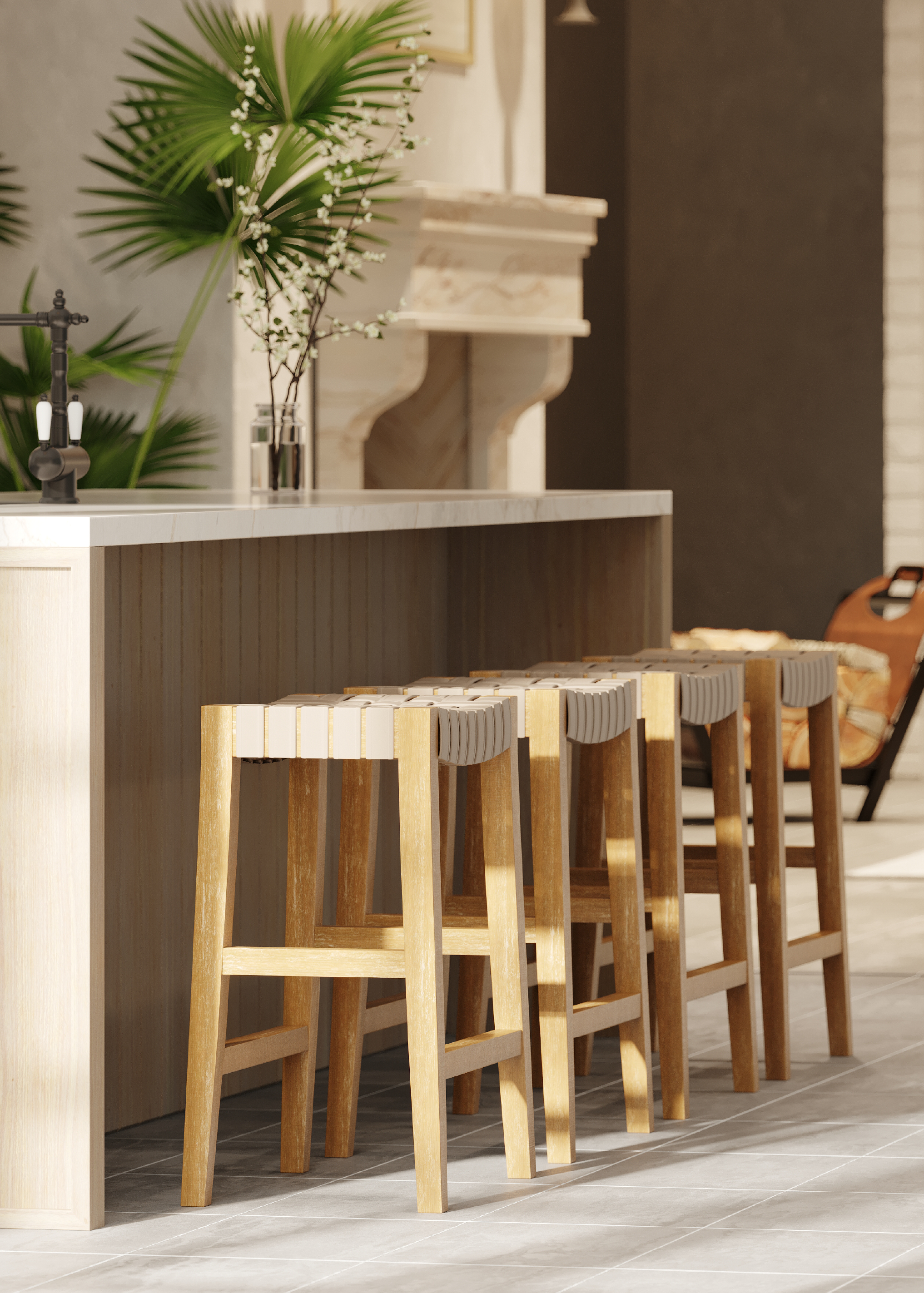 Emerson Counter Height Kitchen Stool - Weathered Natural Wood Finish With Avanti Bone Vegan Leather in Stools by Maven Lane