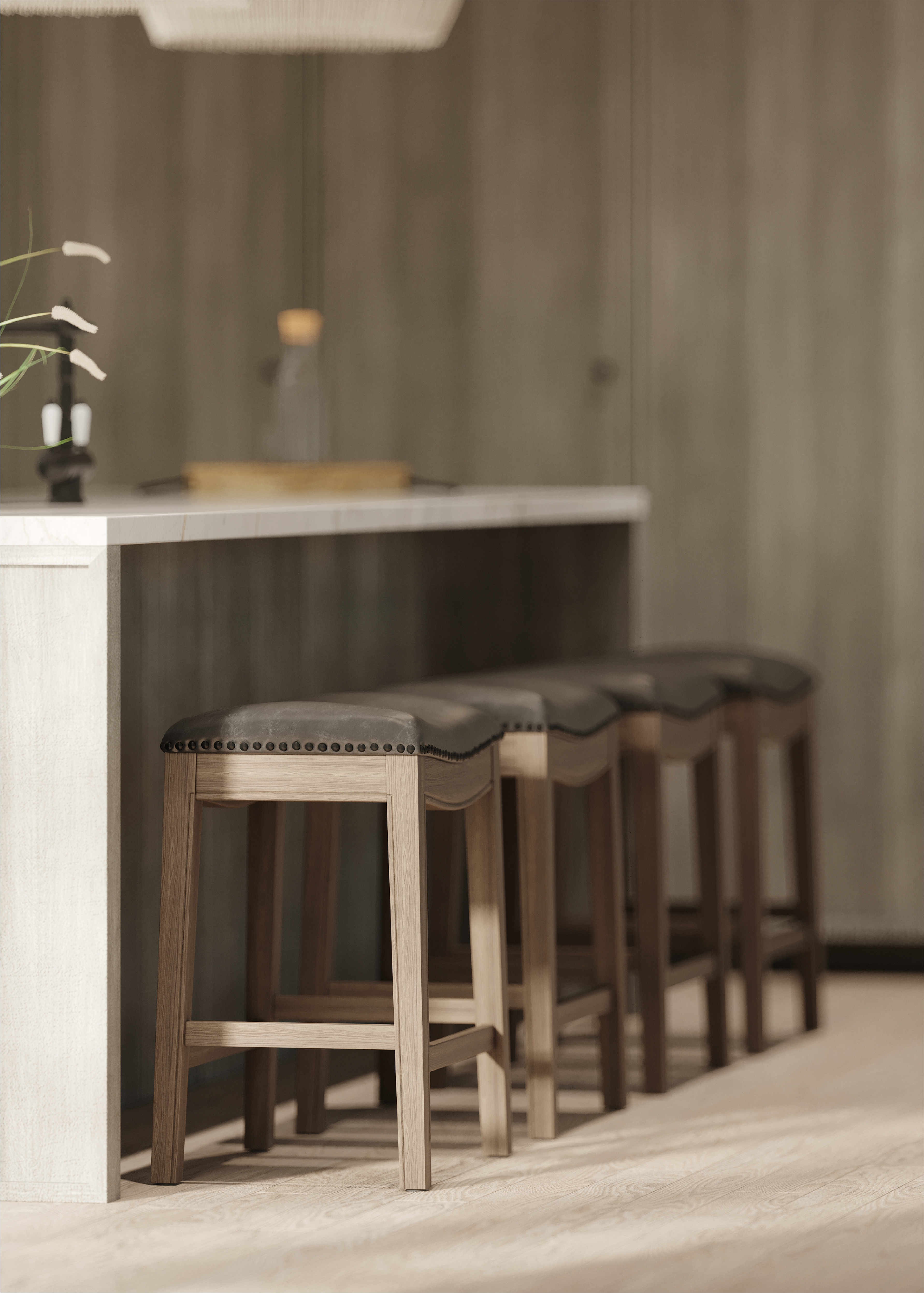 Adrien Saddle Counter Height Kitchen Stool - Reclaimed Oak Finish With Ronan Stone Vegan Leather in Stools by Maven Lane