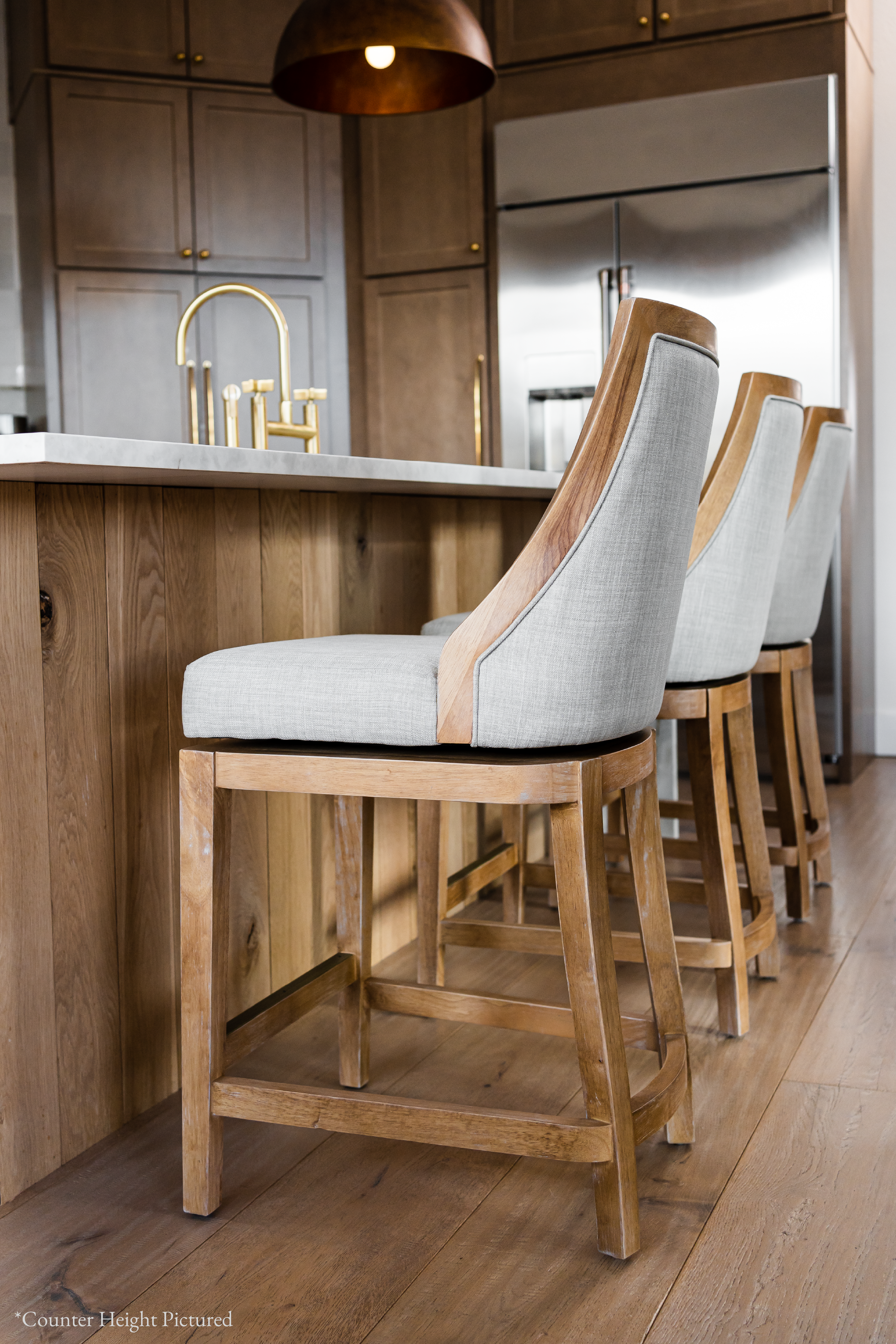 Vienna Swivel Bar Stool in Weathered Oak Finish with Sand Color Fabric Upholstery in Stools by Maven Lane