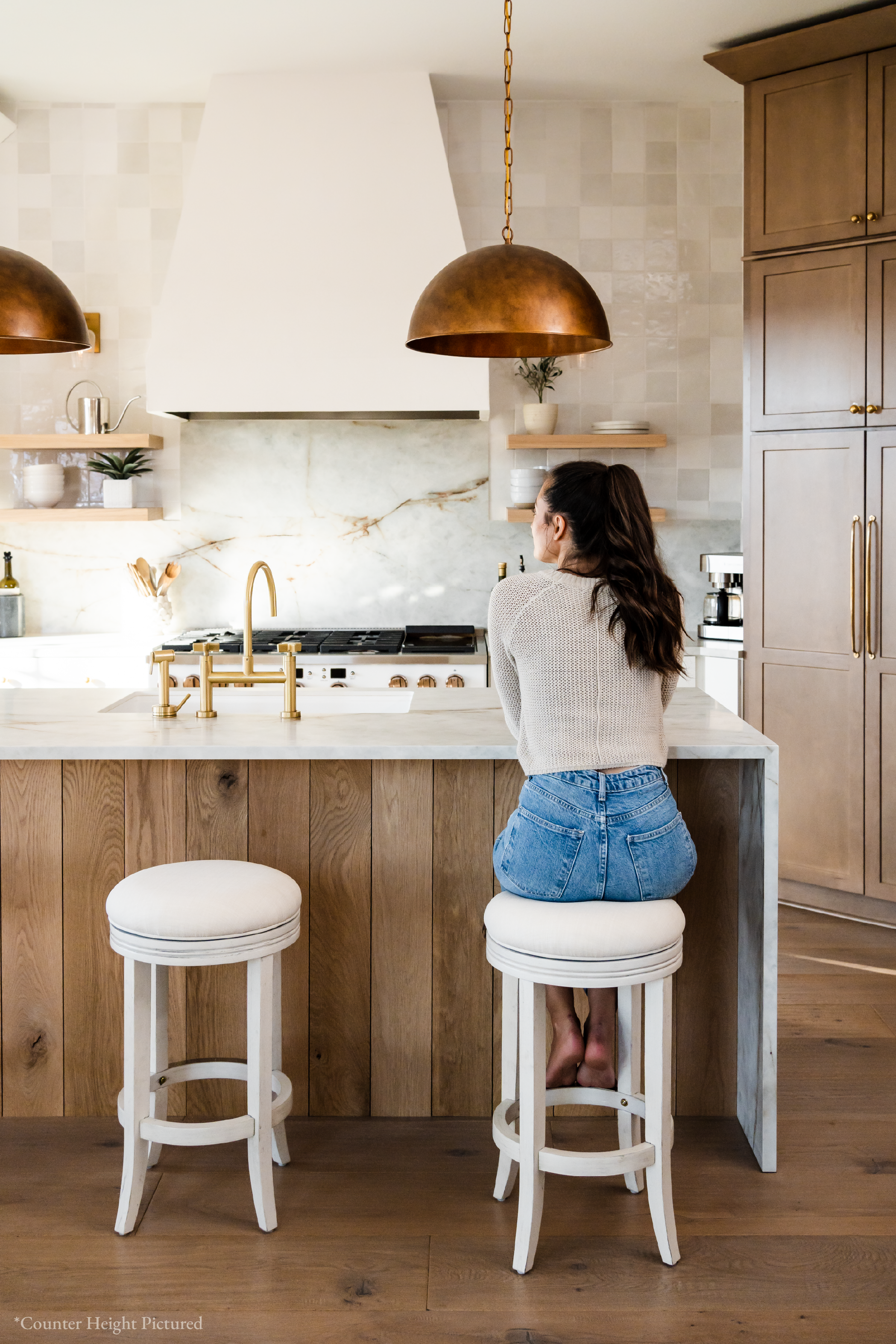 Eva Swivel Bar Stool in White Oak Finish with Natural Fabric Upholstery in Stools by Maven Lane