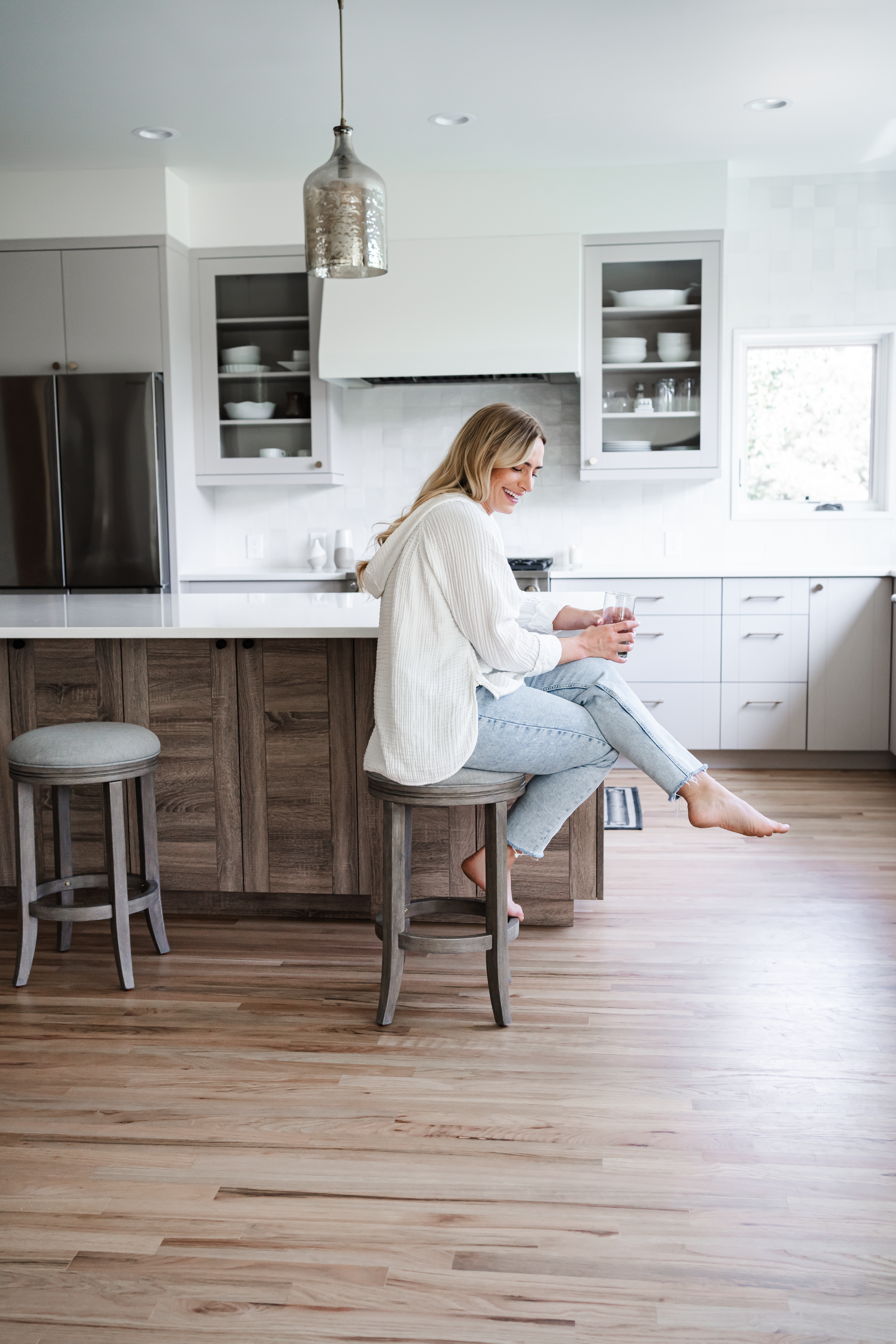 26" Eva Counter Height Kitchen Stool - Reclaimed Oak Finish with Ash Grey Fabric Upholstery in Stools by Maven Lane