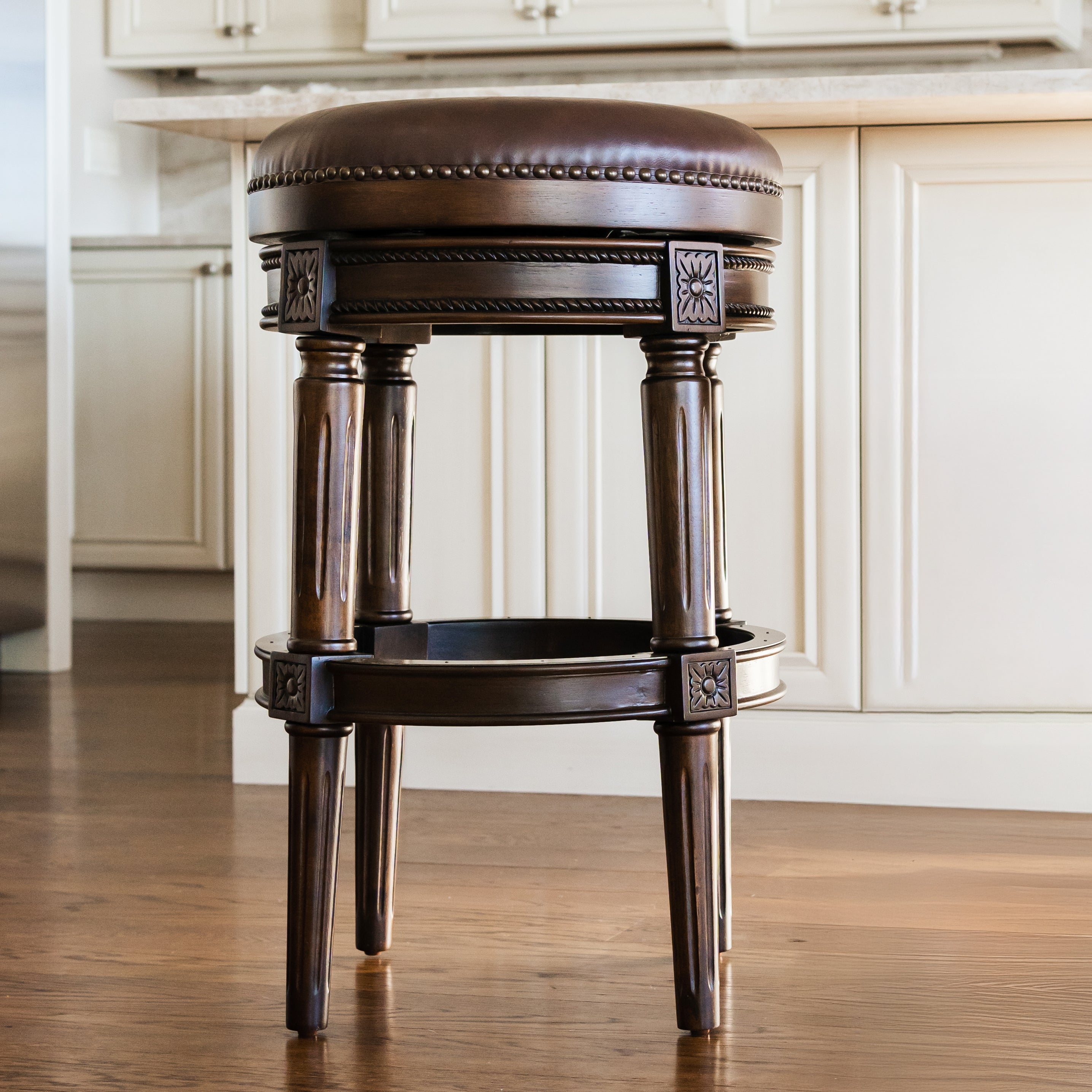 31" Pullman Backless Bar Stool in Dark Walnut Finish with Vintage Brown Vegan Leather in Stools by Maven Lane
